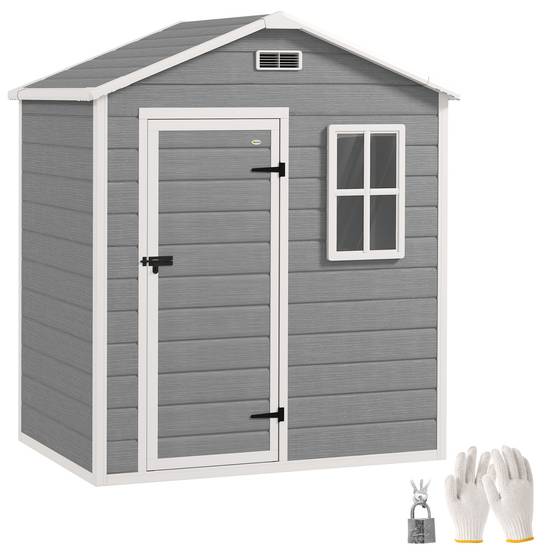 Abri de jardin en plastique gris avec plancher, fenêtre, porte verrouillable et aérations. - Image 1