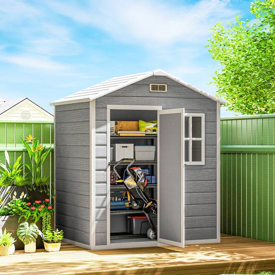 Abri de jardin en plastique gris avec plancher, fenêtre, porte verrouillable et aérations. - Image 4