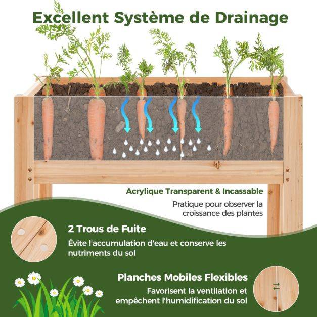Helloshop26 - Jardinière surélevée en bois trous de drainage panneaux acryliques transparent légumes herbes fleurs capacité de 130 litres naturel - Image 4