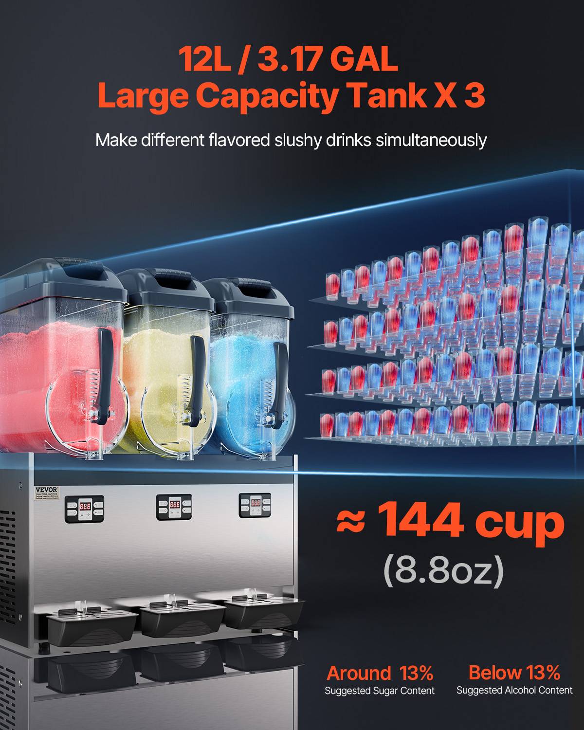 VEVOR Machine à granite commerciale 3x12L triple réservoir, inox 144 tasses, pour restaurant/café/bar. - Image 2