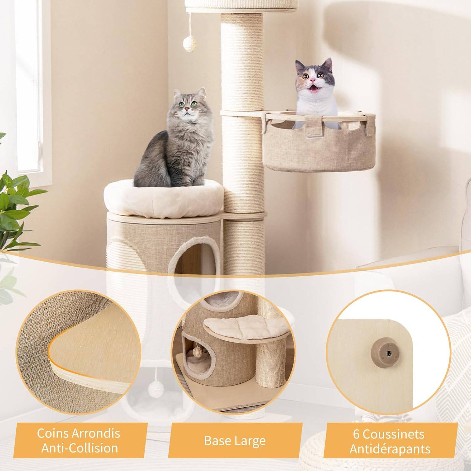COSTWAY Arbre à Chat 154 cm, Tour Chat Griffoir, Poteaux à Griffer 14 cm, Tour pour Chat Interieur avec 2 Plateformes, 2 Pompons Suspendus=, Naturel - Image 6