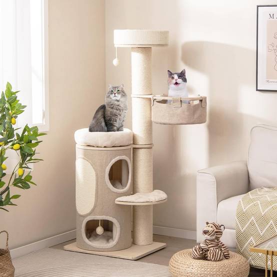 COSTWAY Arbre à Chat 154 cm, Tour Chat Griffoir, Poteaux à Griffer 14 cm, Tour pour Chat Interieur avec 2 Plateformes, 2 Pompons Suspendus=, Naturel - Image 2