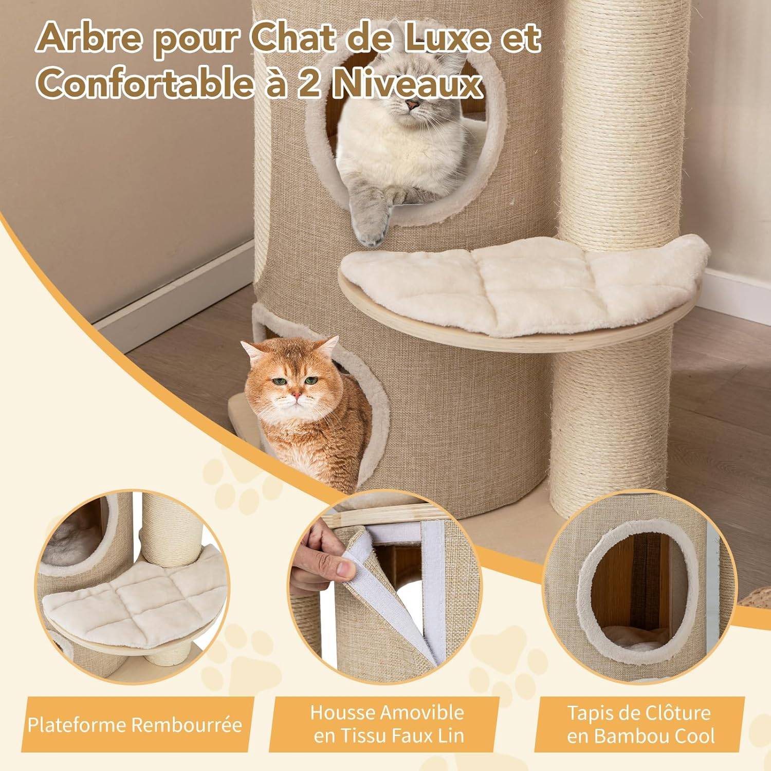 COSTWAY Arbre à Chat 154 cm, Tour Chat Griffoir, Poteaux à Griffer 14 cm, Tour pour Chat Interieur avec 2 Plateformes, 2 Pompons Suspendus=, Naturel - Image 7
