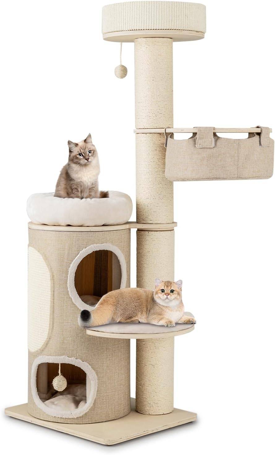 COSTWAY Arbre à Chat 154 cm, Tour Chat Griffoir, Poteaux à Griffer 14 cm, Tour pour Chat Interieur avec 2 Plateformes, 2 Pompons Suspendus=, Naturel - Image 1