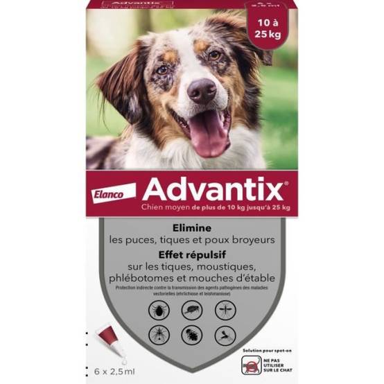 Advantix - ADVANTIX Chien Solution Antiparasitaire Race Moyenne 10 a 25kg 6 pipettes - Image 1