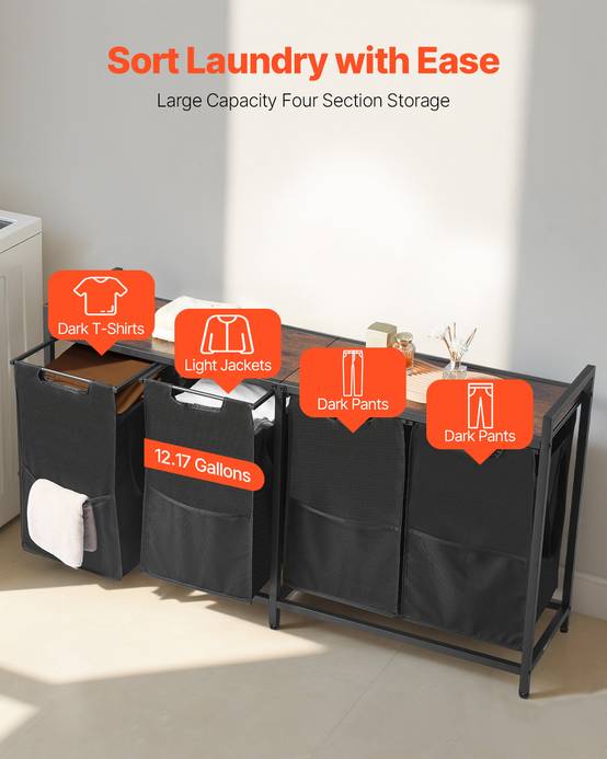 VEVOR Panier à Linge Trieur de Linge 4 Compartiments avec Sacs Coulissants Noir - Image 3