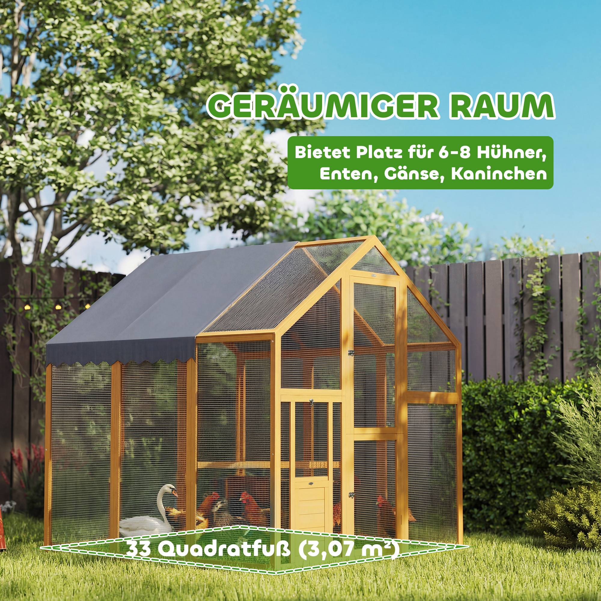 Poulailler de 3,07 m² avec enclos en bois recouvert de tissu imperméable et verrou de sécurité, pour 6 à 8 poules. Dimensions : 1,7 x 1,8 x 1,8 m. - Image 7