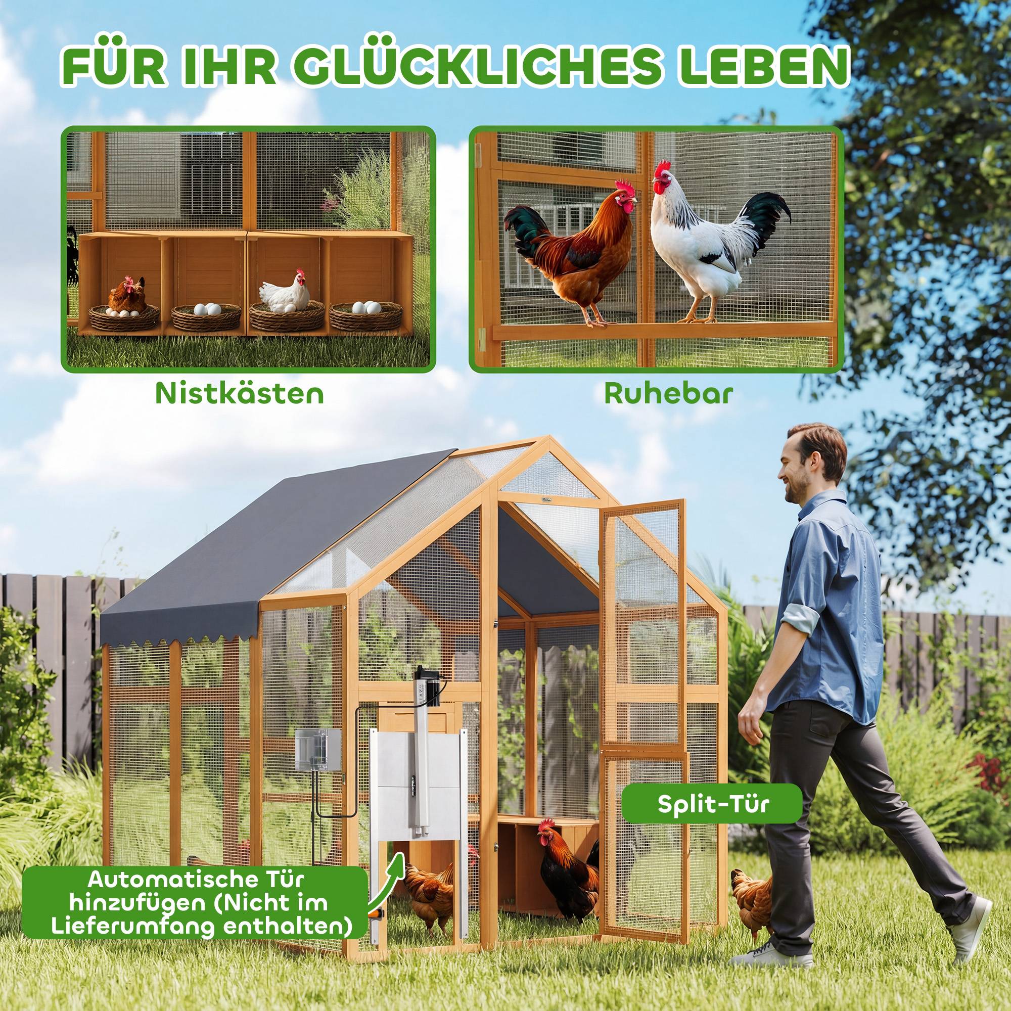 Poulailler de 3,07 m² avec enclos en bois recouvert de tissu imperméable et verrou de sécurité, pour 6 à 8 poules. Dimensions : 1,7 x 1,8 x 1,8 m. - Image 10