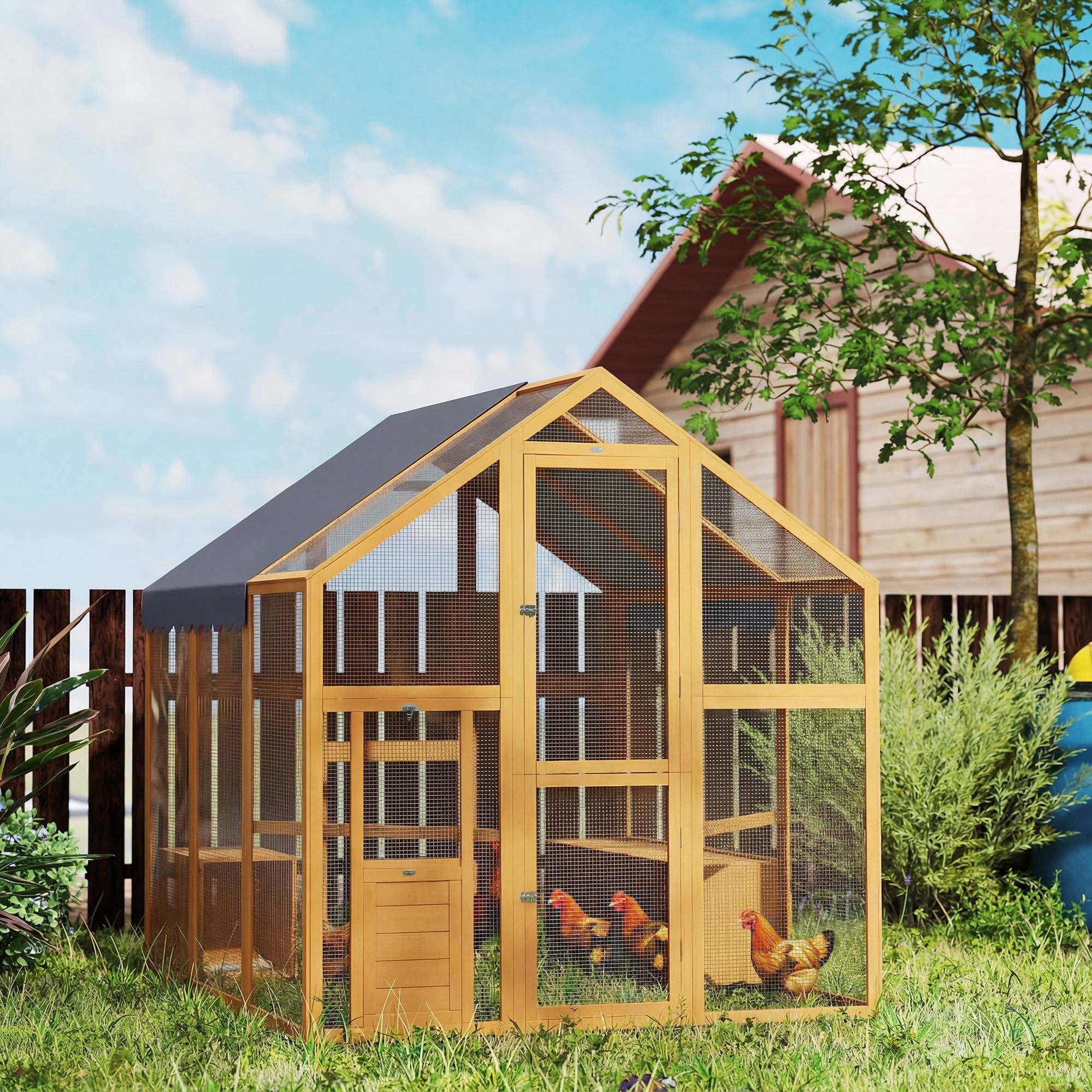 Poulailler de 3,07 m² avec enclos en bois recouvert de tissu imperméable et verrou de sécurité, pour 6 à 8 poules. Dimensions : 1,7 x 1,8 x 1,8 m. - Image 4