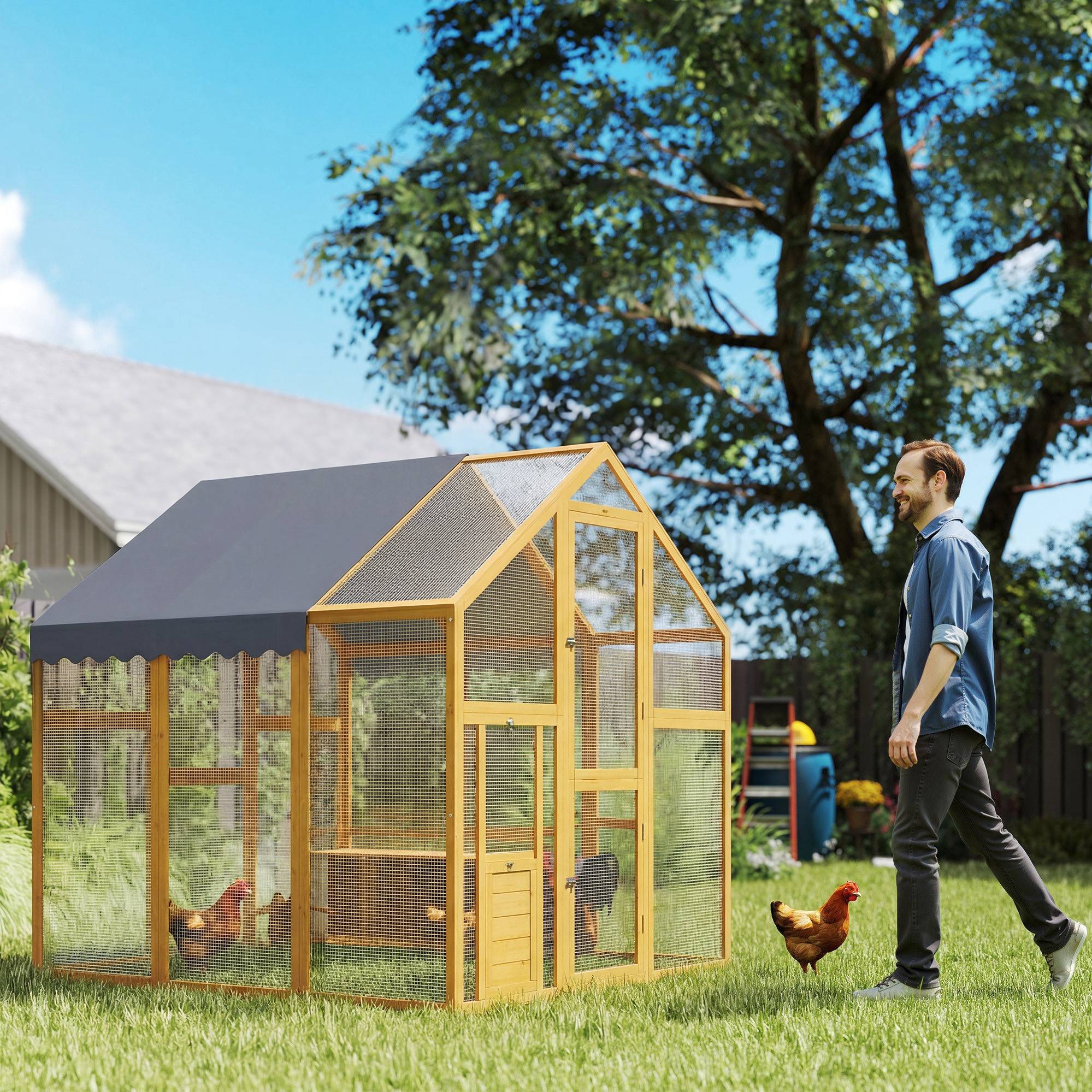 Poulailler de 3,07 m² avec enclos en bois recouvert de tissu imperméable et verrou de sécurité, pour 6 à 8 poules. Dimensions : 1,7 x 1,8 x 1,8 m. - Image 3