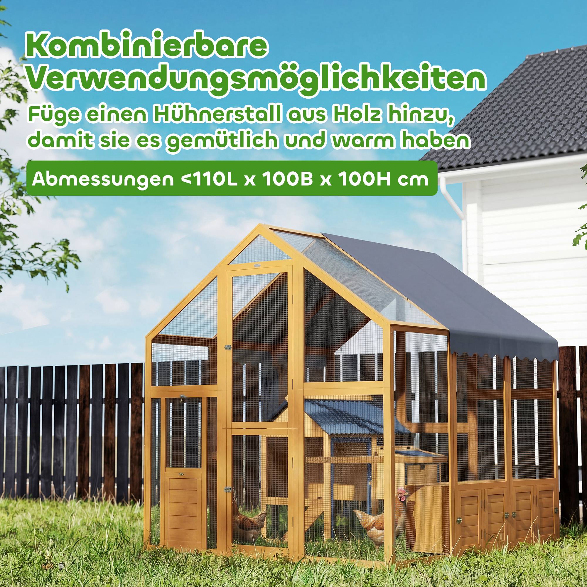 Poulailler de 3,07 m² avec enclos en bois recouvert de tissu imperméable et verrou de sécurité, pour 6 à 8 poules. Dimensions : 1,7 x 1,8 x 1,8 m. - Image 9