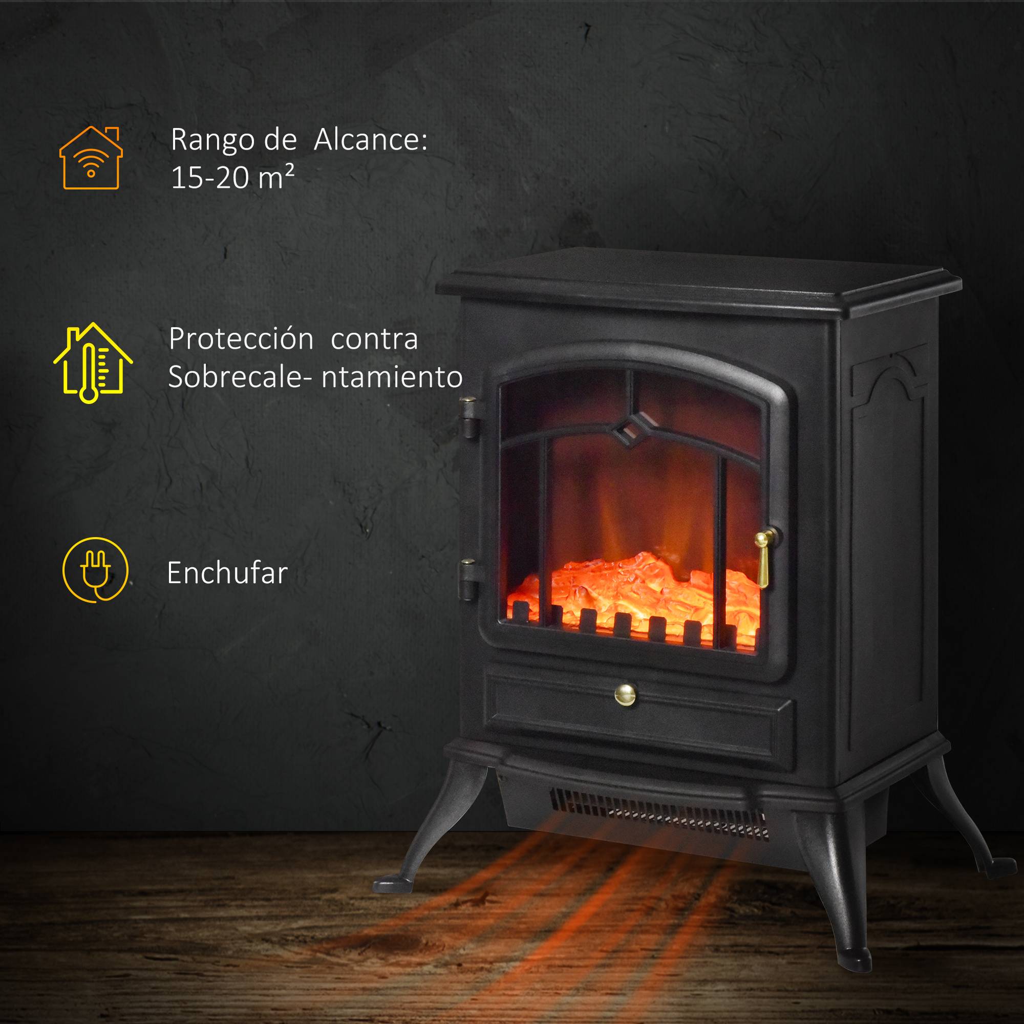 Cheminée décorative avec effet de flamme, thermostat et protection anti-surchauffe 45x28x54 cm noir - Image 8