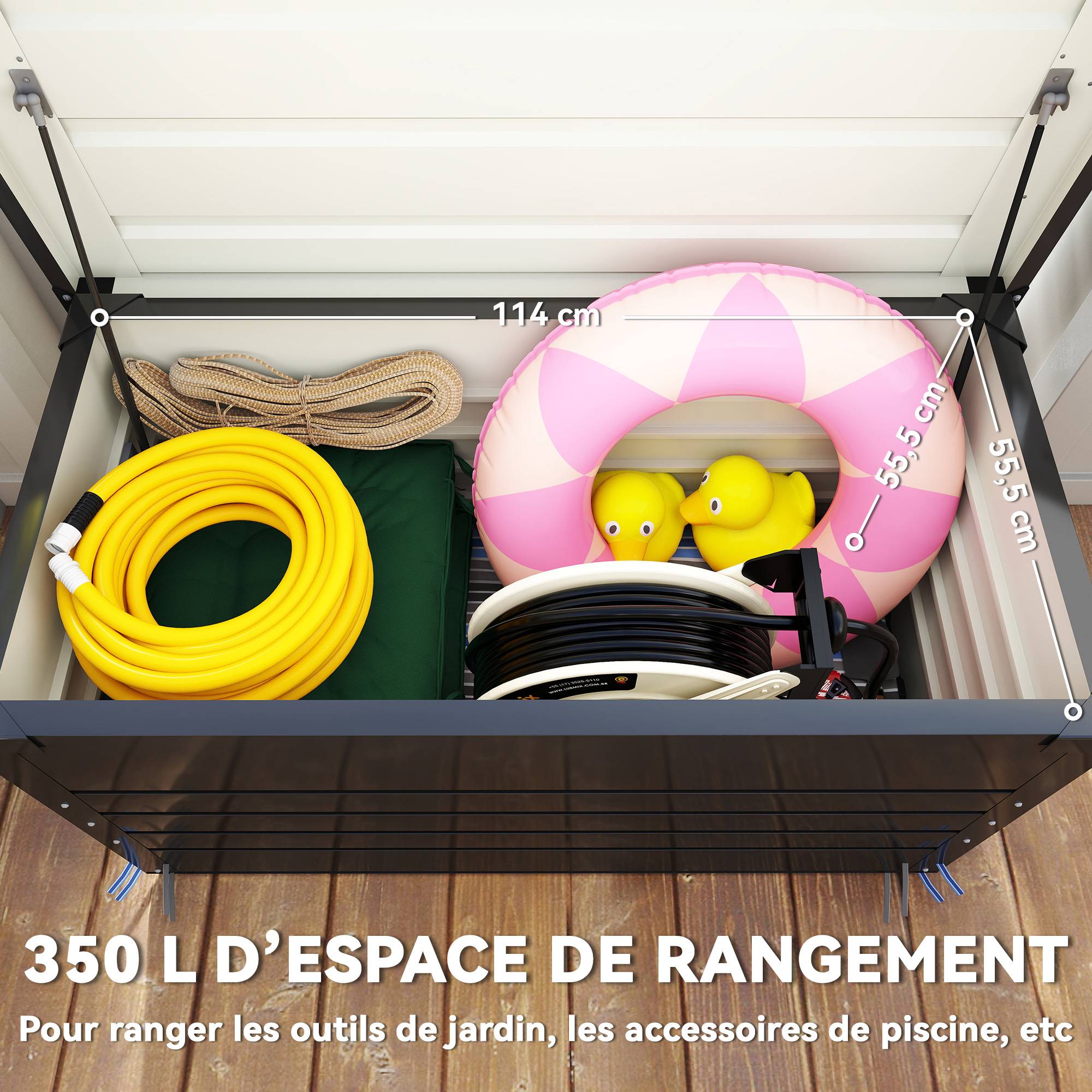 Coffre de rangement métal boîte de jardin 350L double vérins à gaz verrouillable pour coussins outils gris anthracite - Image 6