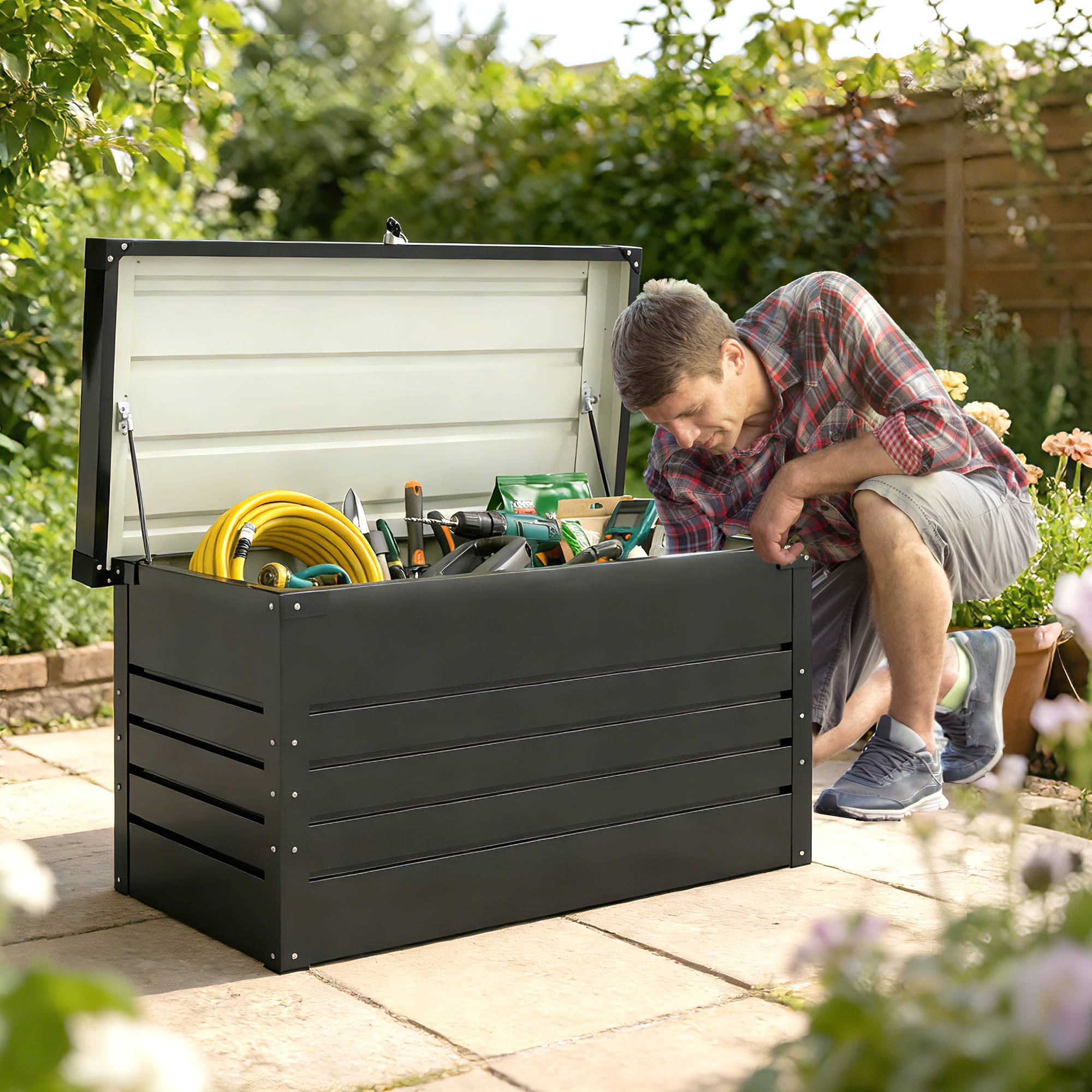 Coffre de rangement métal boîte de jardin 350L double vérins à gaz verrouillable pour coussins outils gris anthracite - Image 3