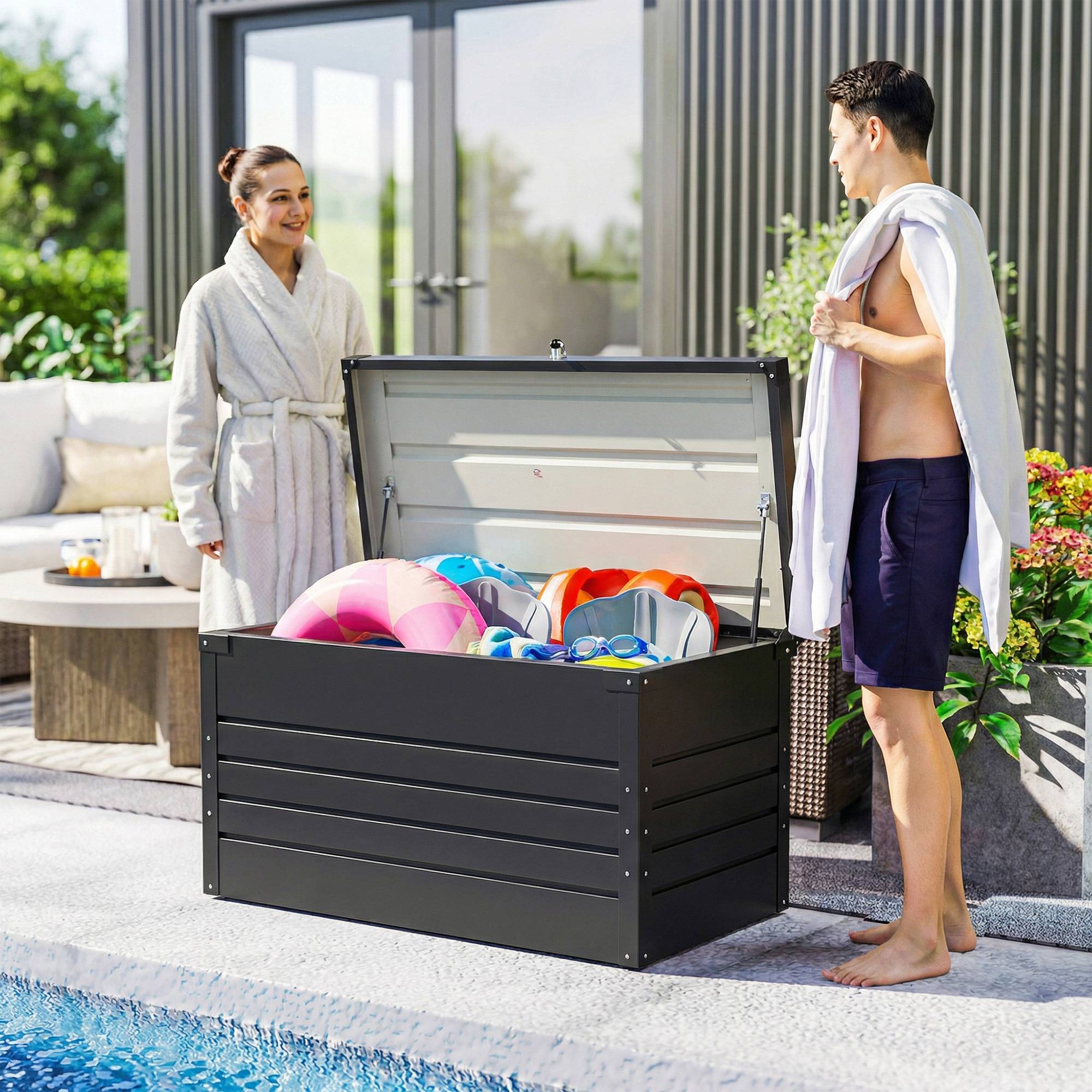 Coffre de rangement métal boîte de jardin 350L double vérins à gaz verrouillable pour coussins outils gris anthracite - Image 10