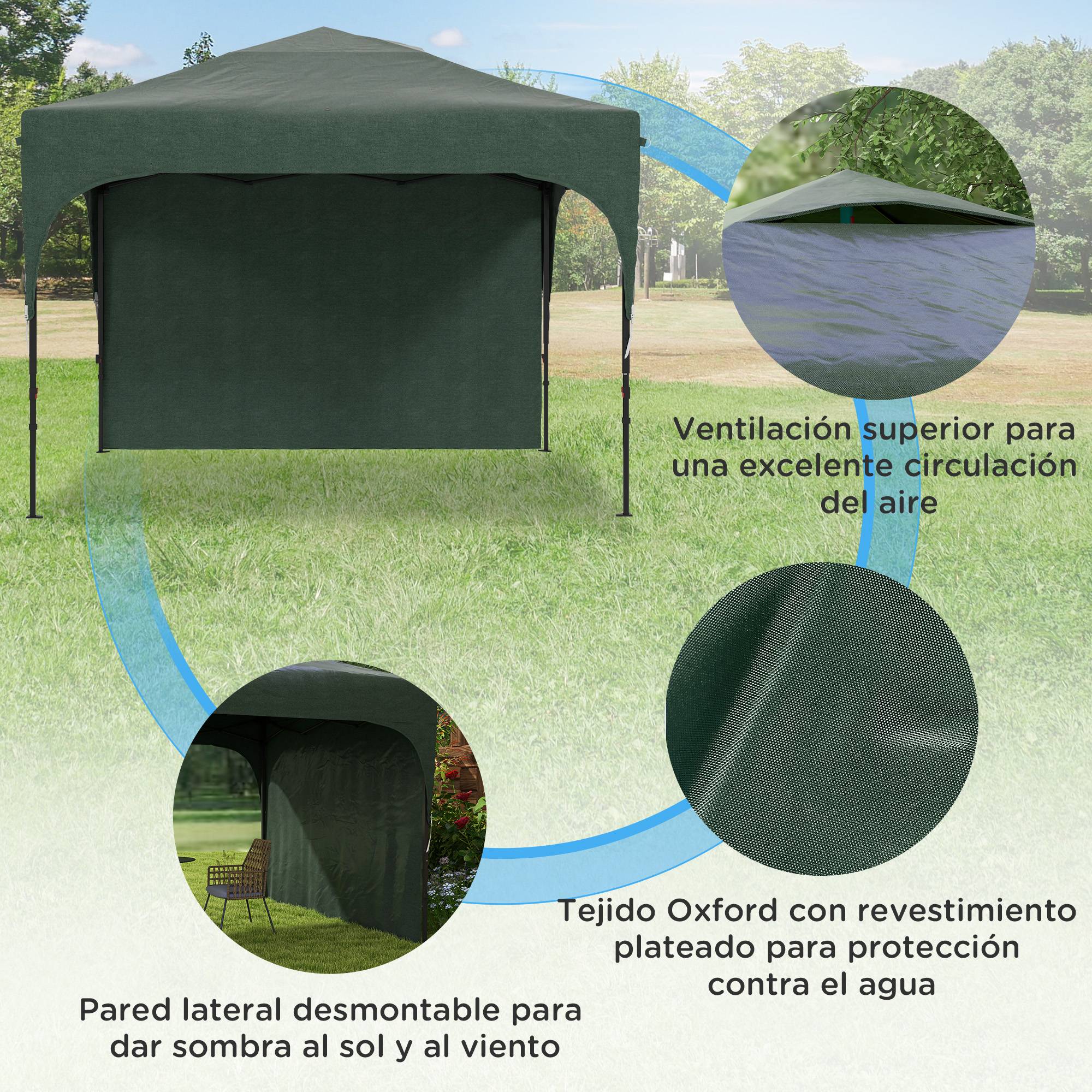 Gazebo de jardin 3x3m avec hauteur réglable, 1 paroi latérale étanche, 4 sacs de sable et sac de transport (vert) - Image 9