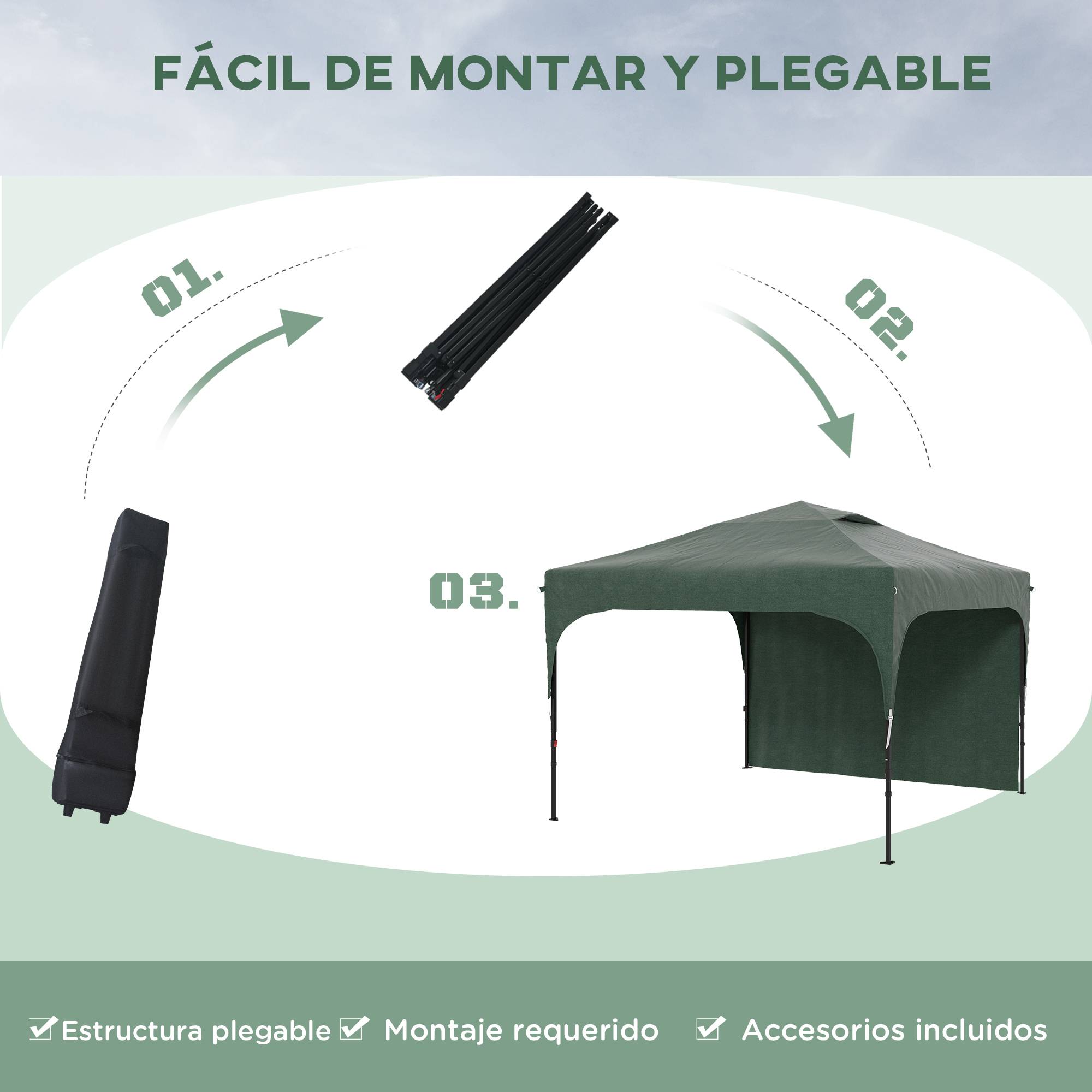 Gazebo de jardin 3x3m avec hauteur réglable, 1 paroi latérale étanche, 4 sacs de sable et sac de transport (vert) - Image 7