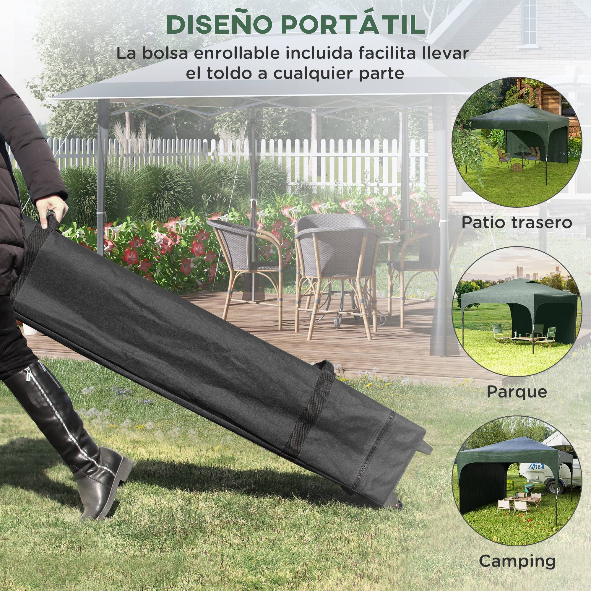 Gazebo de jardin 3x3m avec hauteur réglable, 1 paroi latérale étanche, 4 sacs de sable et sac de transport (vert) - Image 8
