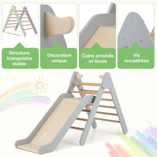Helloshop26 - Toboggan enfant 2 en 1 avec triangle d'escalade en bois massif pente de toboggan réglable pour 1 an + charge 60 kg naturel - Image 2