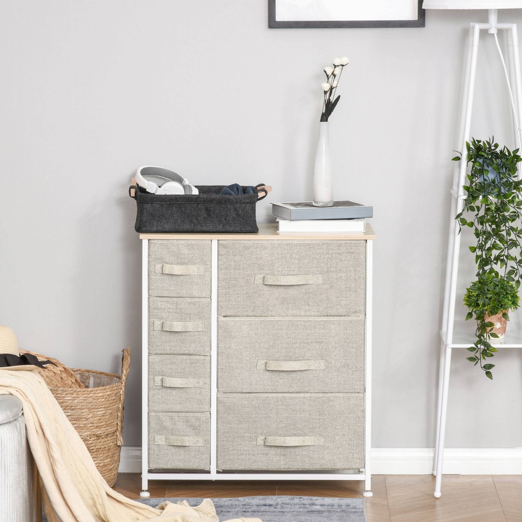 Commode grise tissu 7 tiroirs multifonction, meuble rangement chambre dressing bureau 63,5x30x71 cm moderne - Image 3