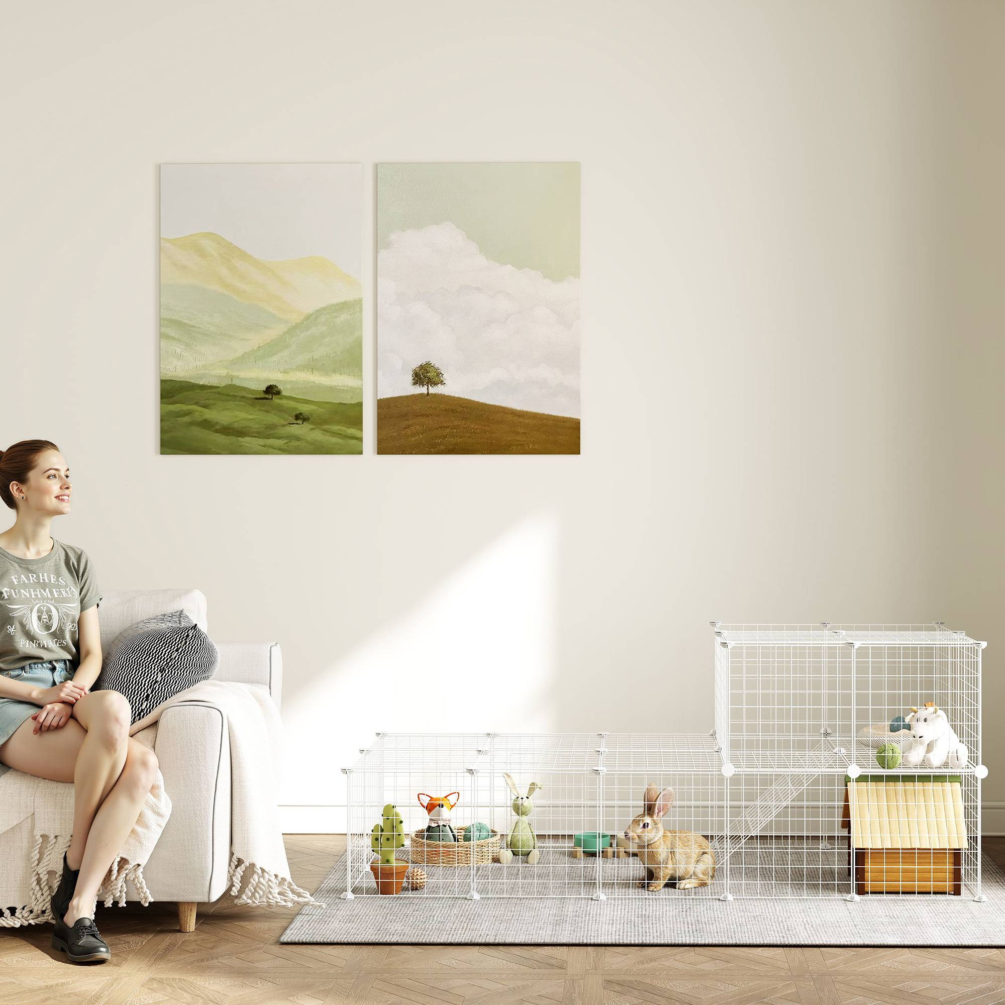 Sans Marque - Cage parc clôture pour animaux domestiques enclos pour petits animaux modulable 2 niveaux fil en acier 146x73x73cm blanc - Image 9