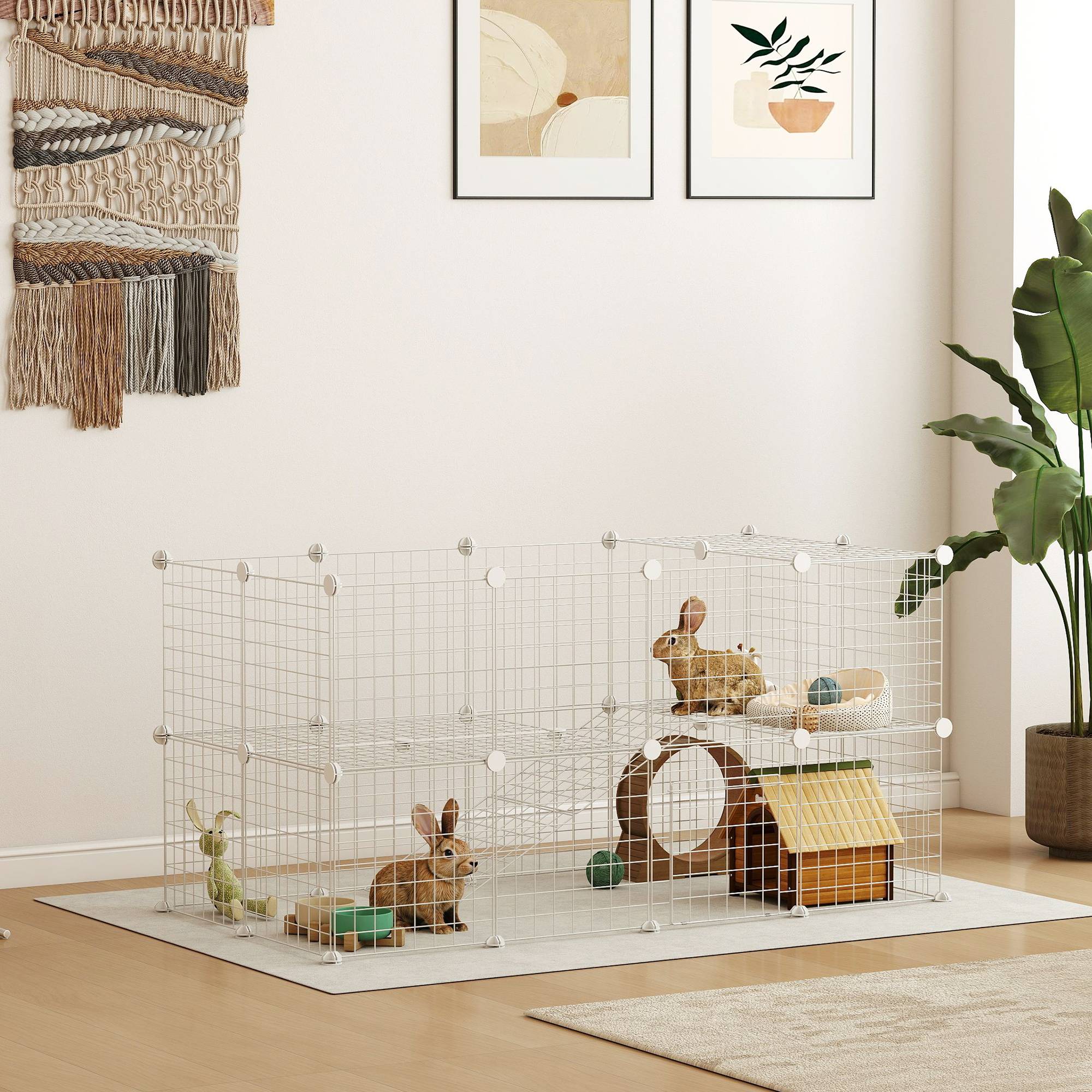 Sans Marque - Cage parc clôture pour animaux domestiques enclos pour petits animaux modulable 2 niveaux fil en acier 146x73x73cm blanc - Image 3