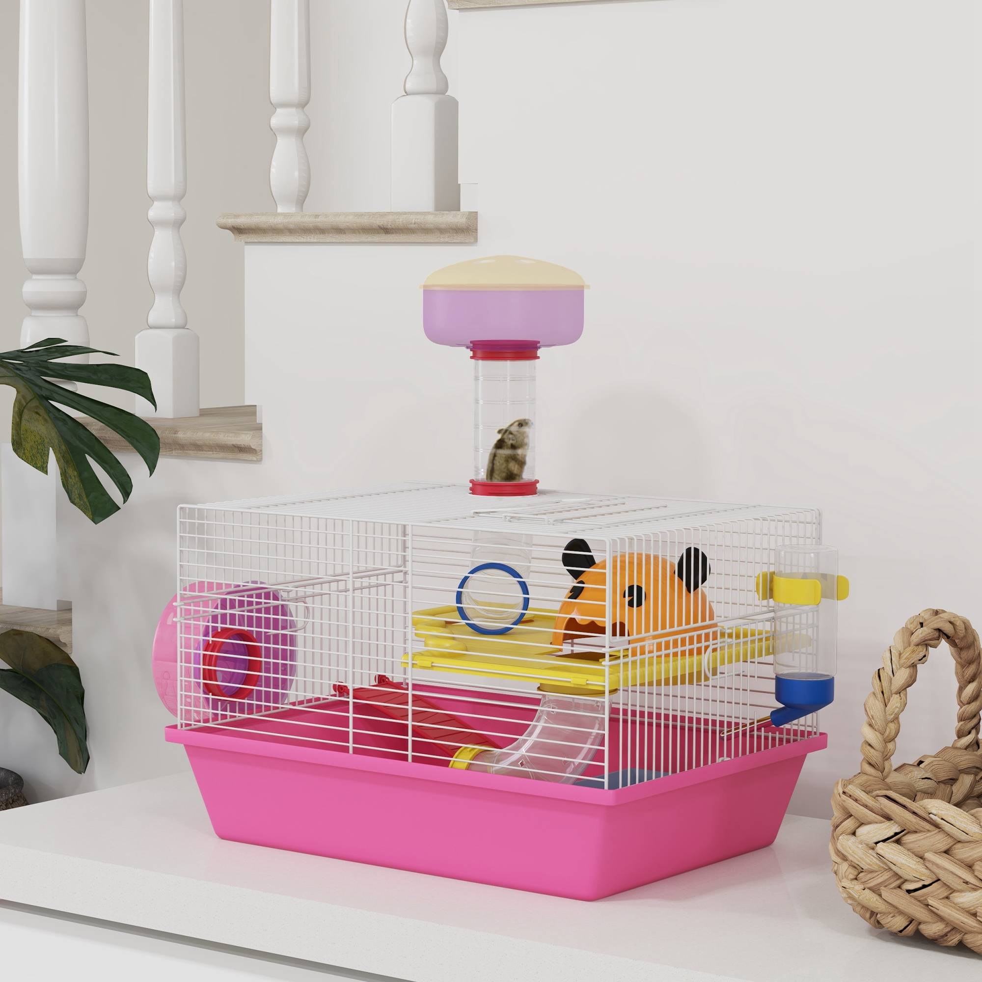 Cage hamster acier pour petits rongeurs multi-équipements avec roue 34x27x25cm rose - ComfortXL Outdoor Living - Image 4