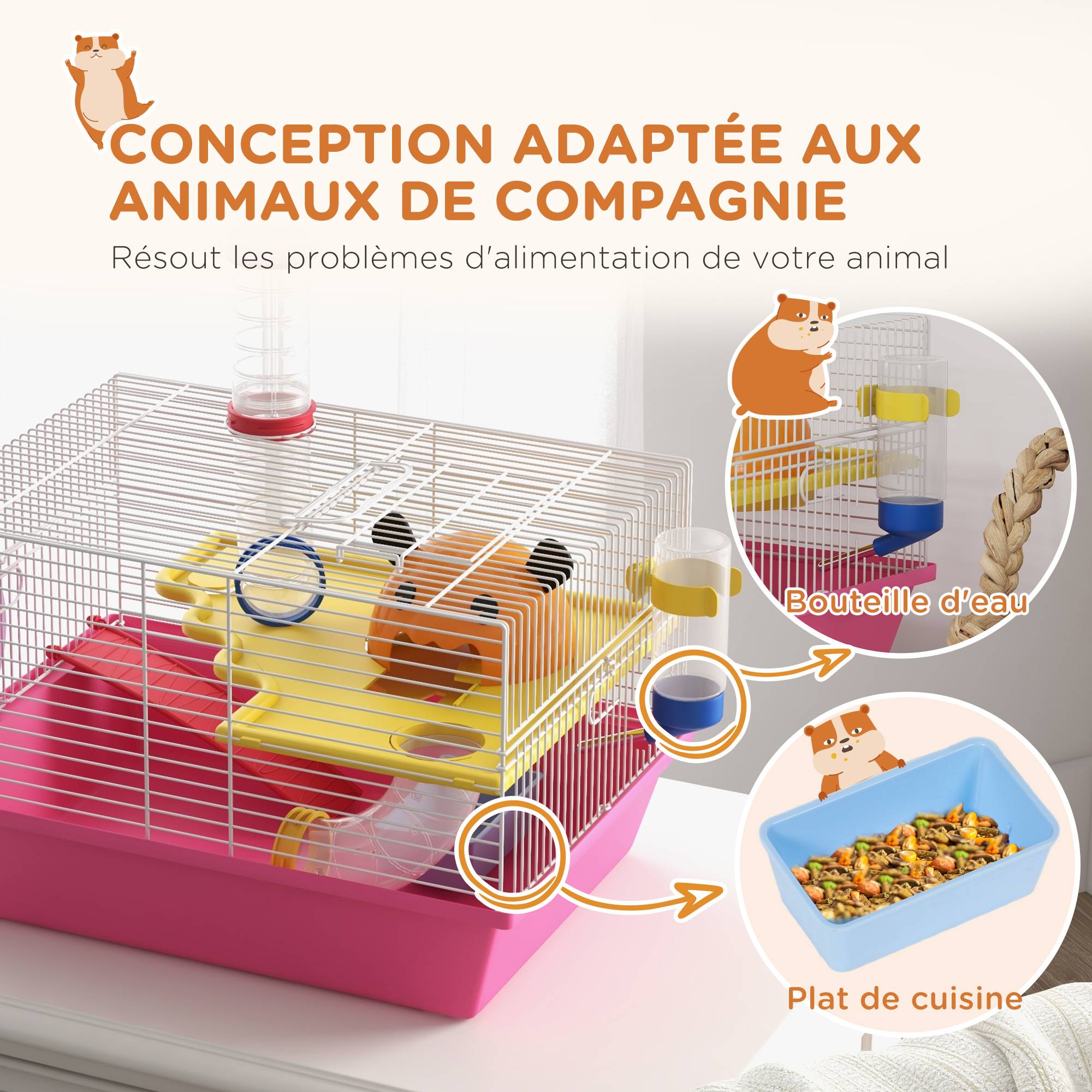 Cage hamster acier pour petits rongeurs multi-équipements avec roue 34x27x25cm rose - ComfortXL Outdoor Living - Image 9