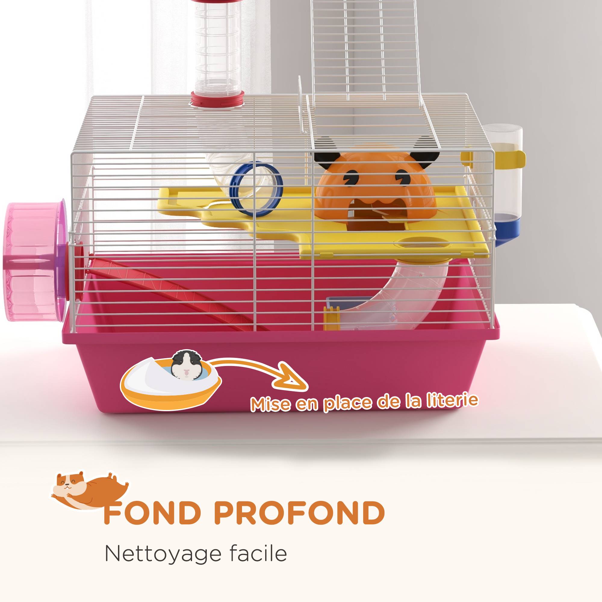 Cage hamster acier pour petits rongeurs multi-équipements avec roue 34x27x25cm rose - ComfortXL Outdoor Living - Image 8