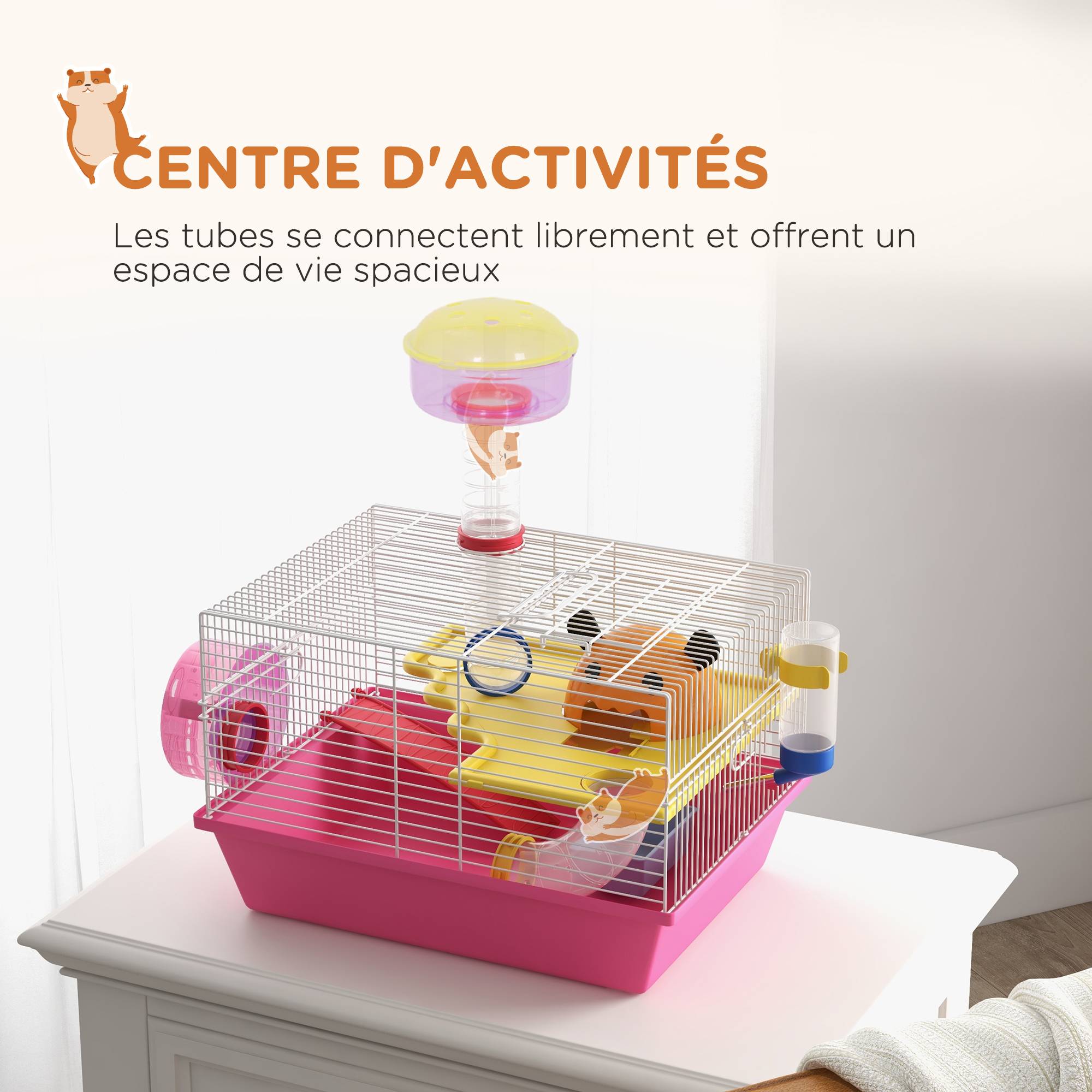 Cage hamster acier pour petits rongeurs multi-équipements avec roue 34x27x25cm rose - ComfortXL Outdoor Living - Image 6