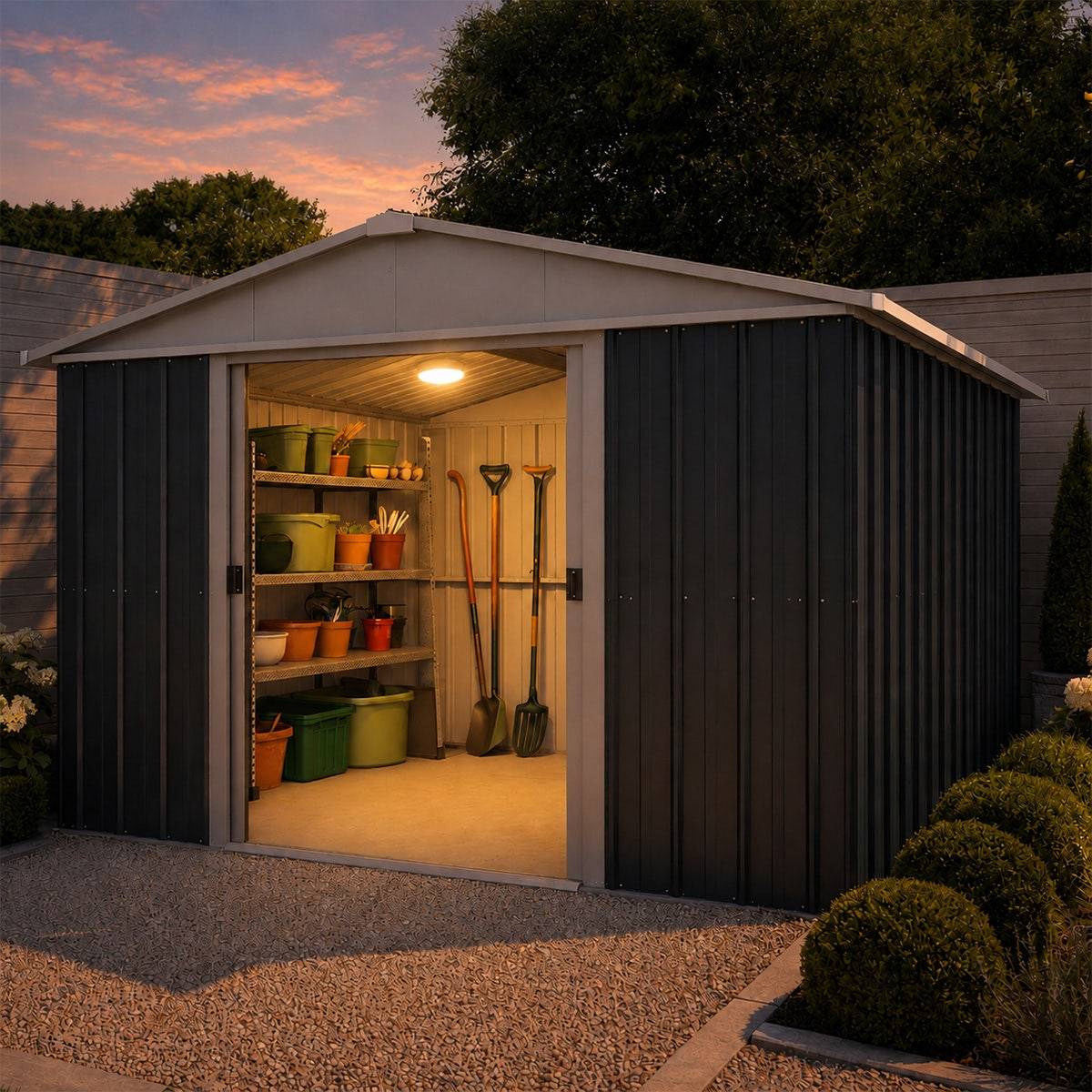 Yardmaster - Abri de jardin métal anthracite Yardmaster 11,03 m² + kit d'ancrage + lampe magnétique - Image 2