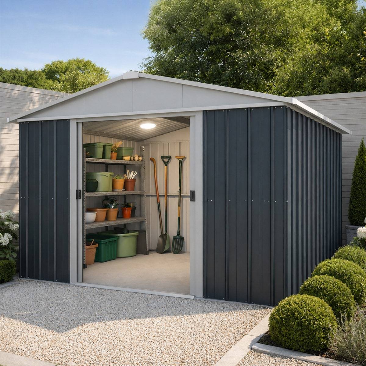 Yardmaster - Abri de jardin métal anthracite Yardmaster 11,03 m² + kit d'ancrage + lampe magnétique - Image 1