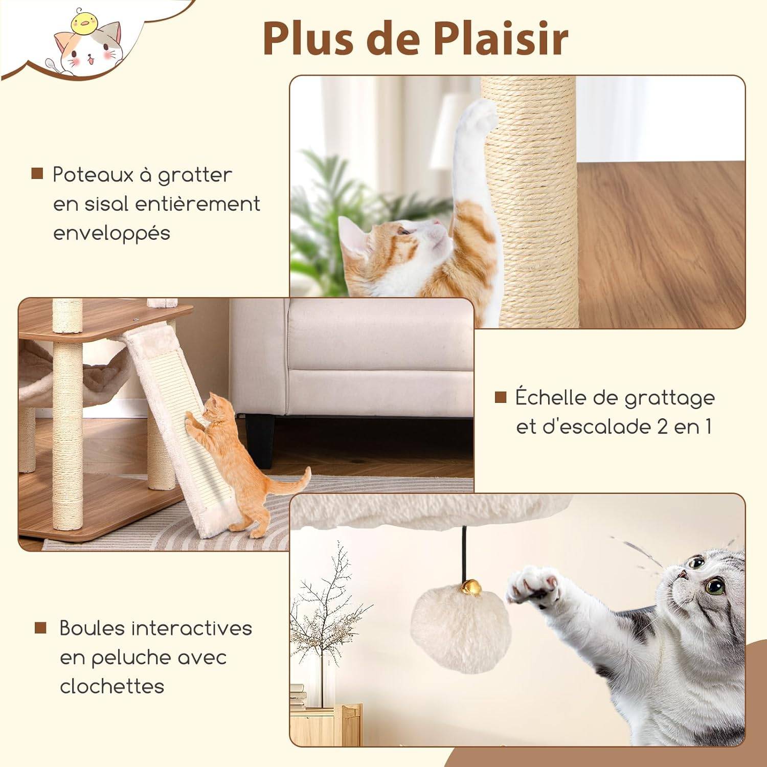 Arbre a Chat XXL 168 cm, Arbre a Chat Bois, 5 Plateformes, 4 Griffoir pour Chat en Sisal, Planche à Griffer, Coussins Lavables,58x58x168 cm - Image 6