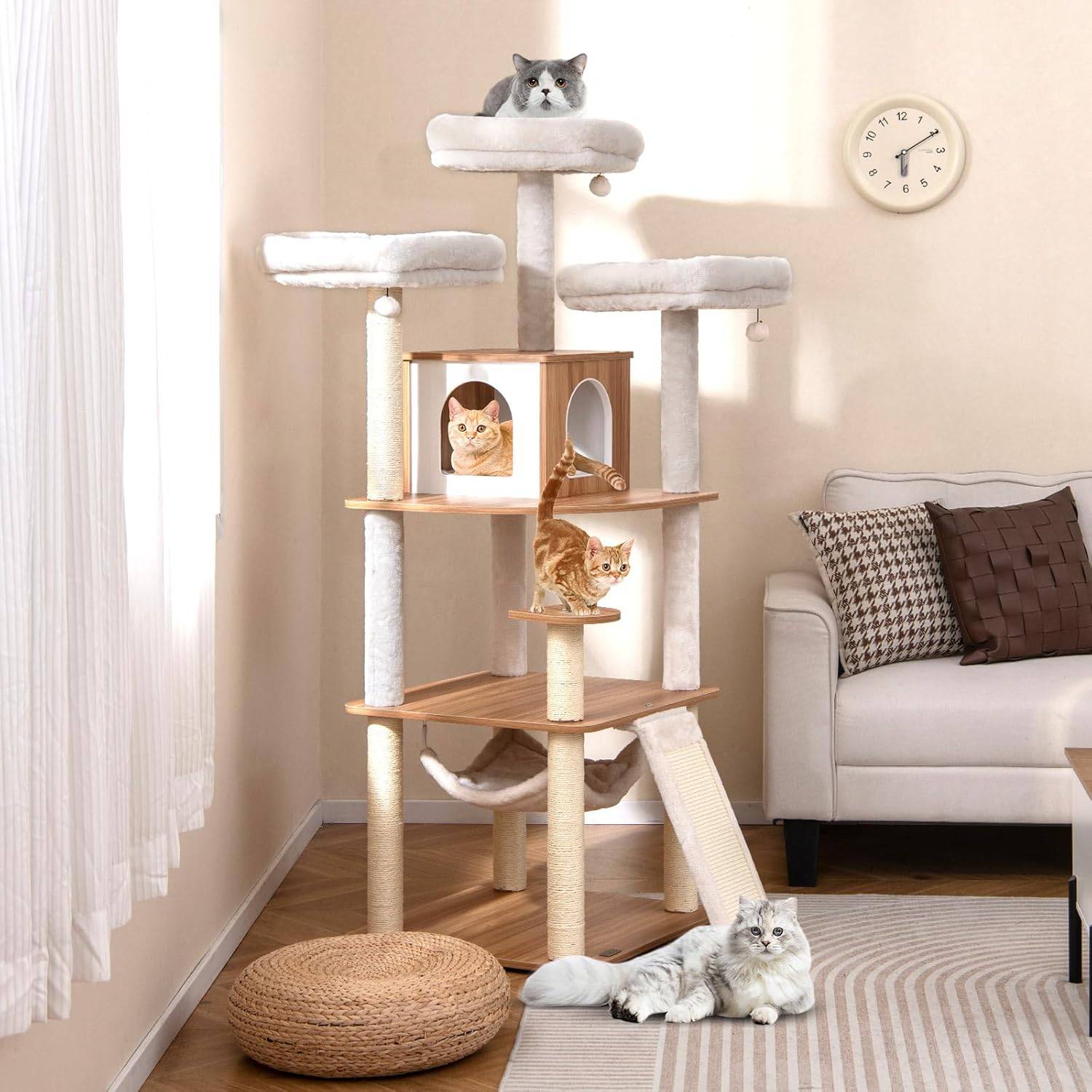 Arbre a Chat XXL 168 cm, Arbre a Chat Bois, 5 Plateformes, 4 Griffoir pour Chat en Sisal, Planche à Griffer, Coussins Lavables,58x58x168 cm - Image 7
