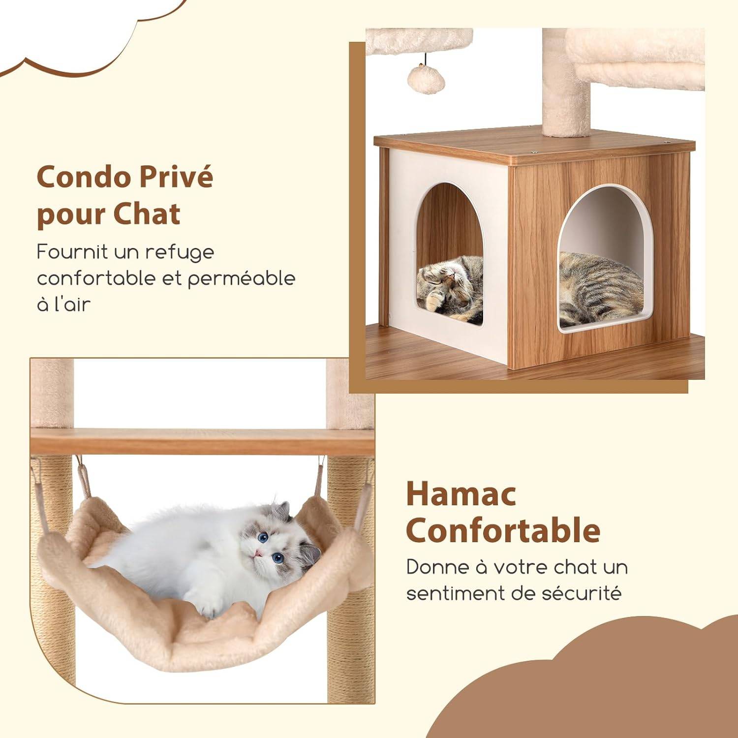 Arbre a Chat XXL 168 cm, Arbre a Chat Bois, 5 Plateformes, 4 Griffoir pour Chat en Sisal, Planche à Griffer, Coussins Lavables,58x58x168 cm - Image 5