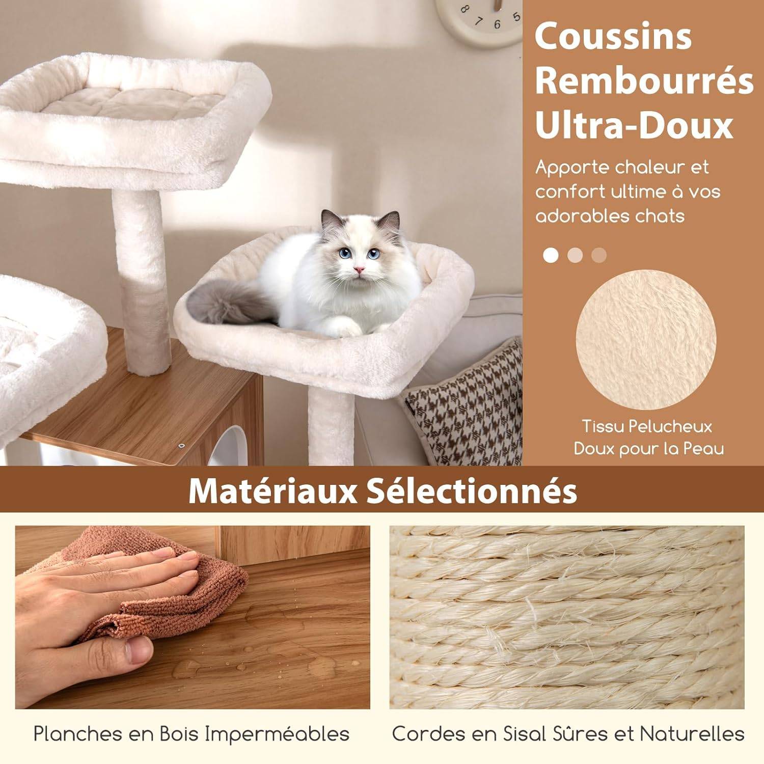 Arbre a Chat XXL 168 cm, Arbre a Chat Bois, 5 Plateformes, 4 Griffoir pour Chat en Sisal, Planche à Griffer, Coussins Lavables,58x58x168 cm - Image 4