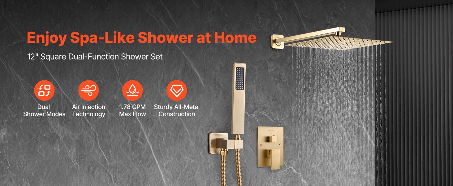 Vevor - VEVOR Kit de Douche avec Douchette de Tête Carrée 30,5 cm et à Main Or Brossé - Image 9