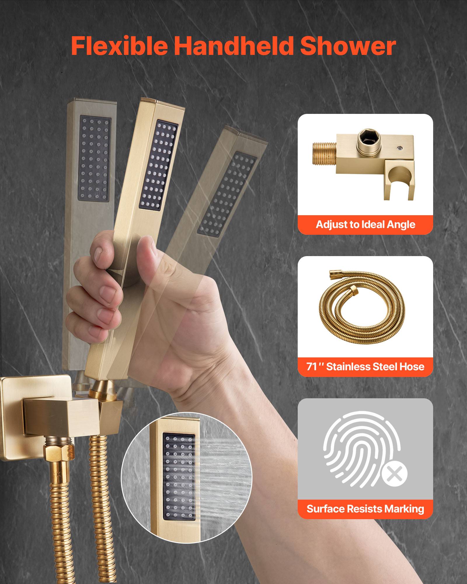 Vevor - VEVOR Kit de Douche avec Douchette de Tête Carrée 30,5 cm et à Main Or Brossé - Image 3