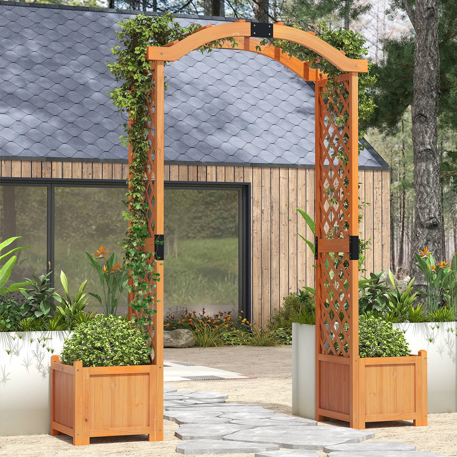 Costway - Arche de Jardin en Bois avec Jardinière avec Treillis, Pergola Extérieur pour Plantes Grimpantes Légumes, Décoration pour Mariage Commémoration Fête - Image 2