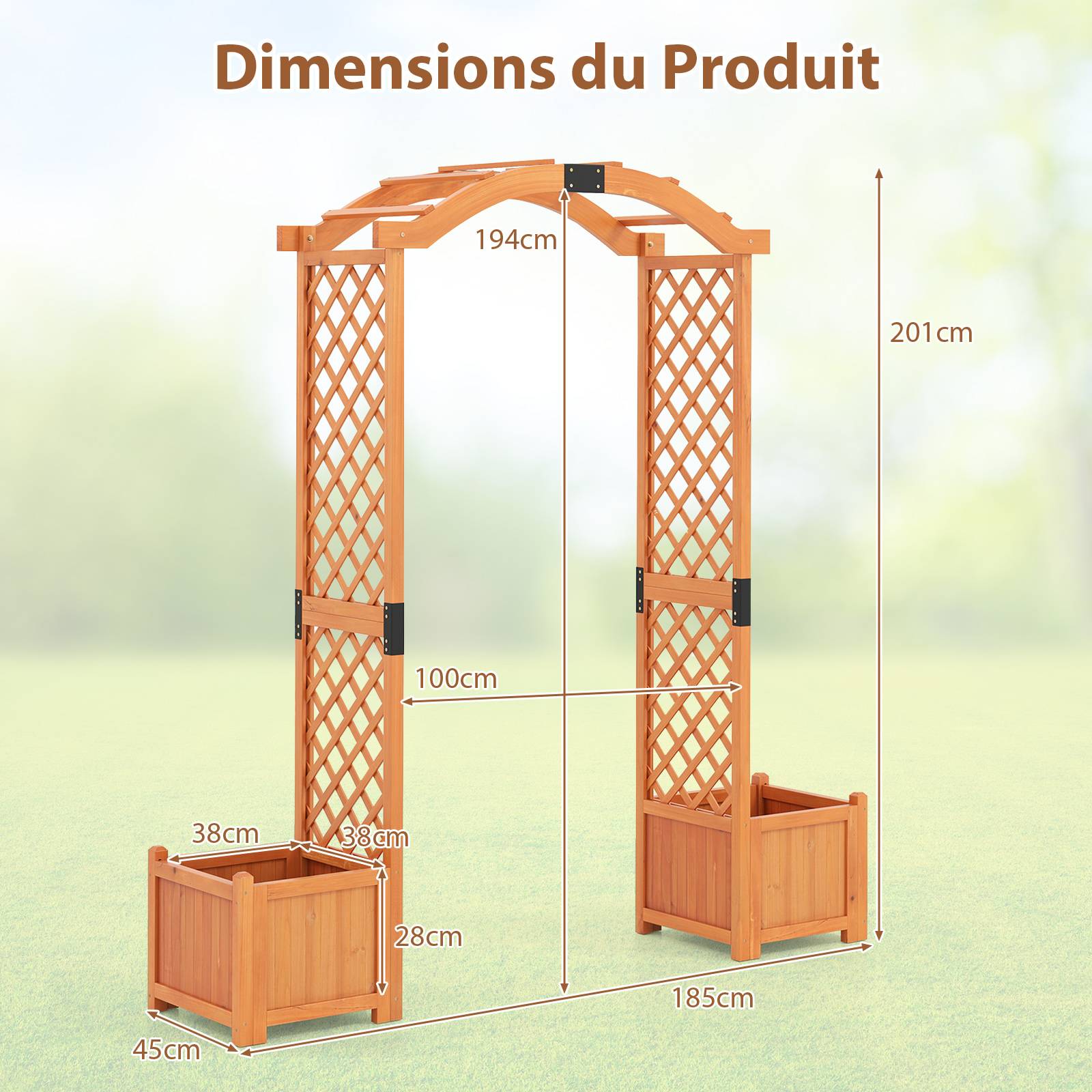Costway - Arche de Jardin en Bois avec Jardinière avec Treillis, Pergola Extérieur pour Plantes Grimpantes Légumes, Décoration pour Mariage Commémoration Fête - Image 4