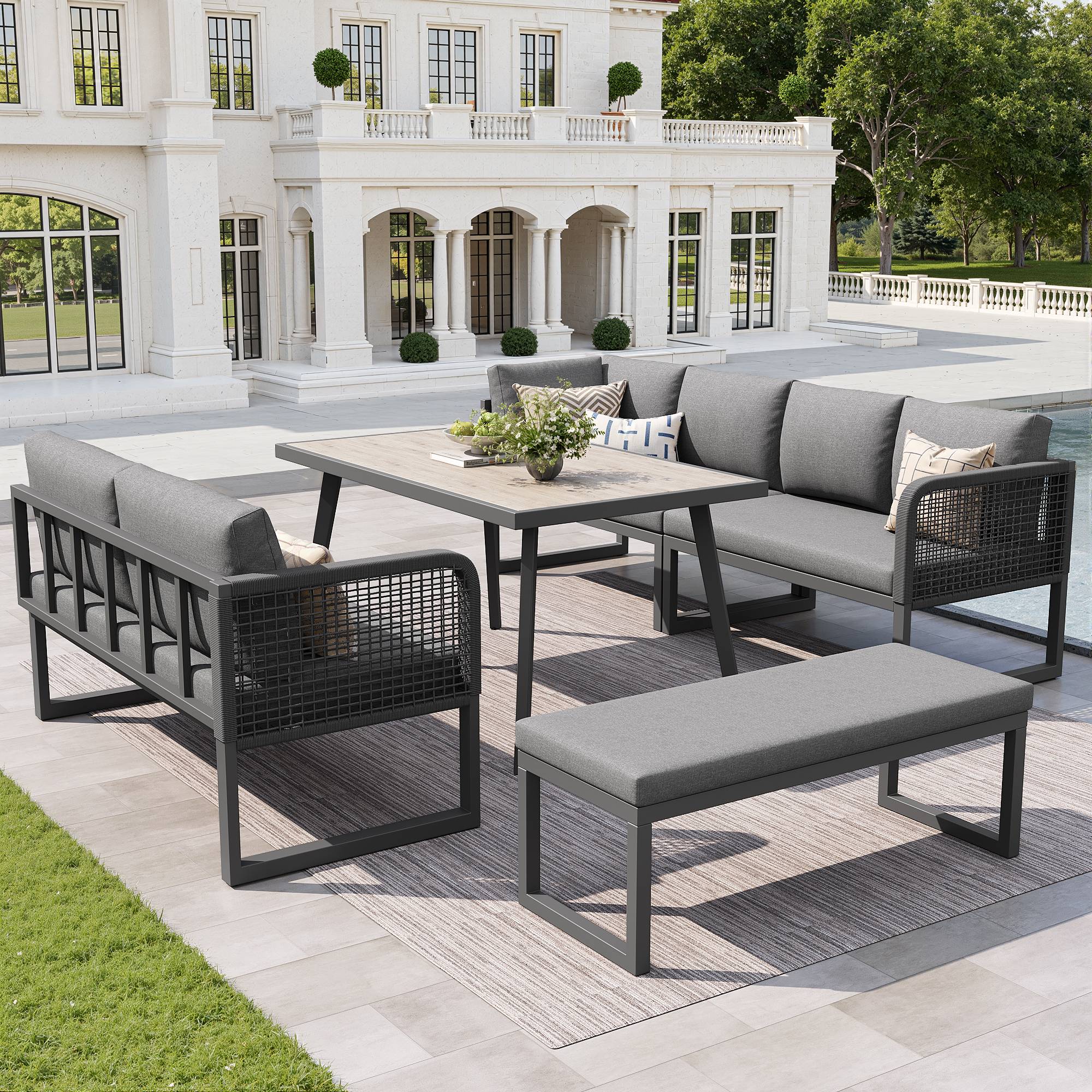 Ensemble de meubles de jardin avec coussins de haute qualité, rotin PE tressé à la main, résistant aux intempéries, gris - Image 2