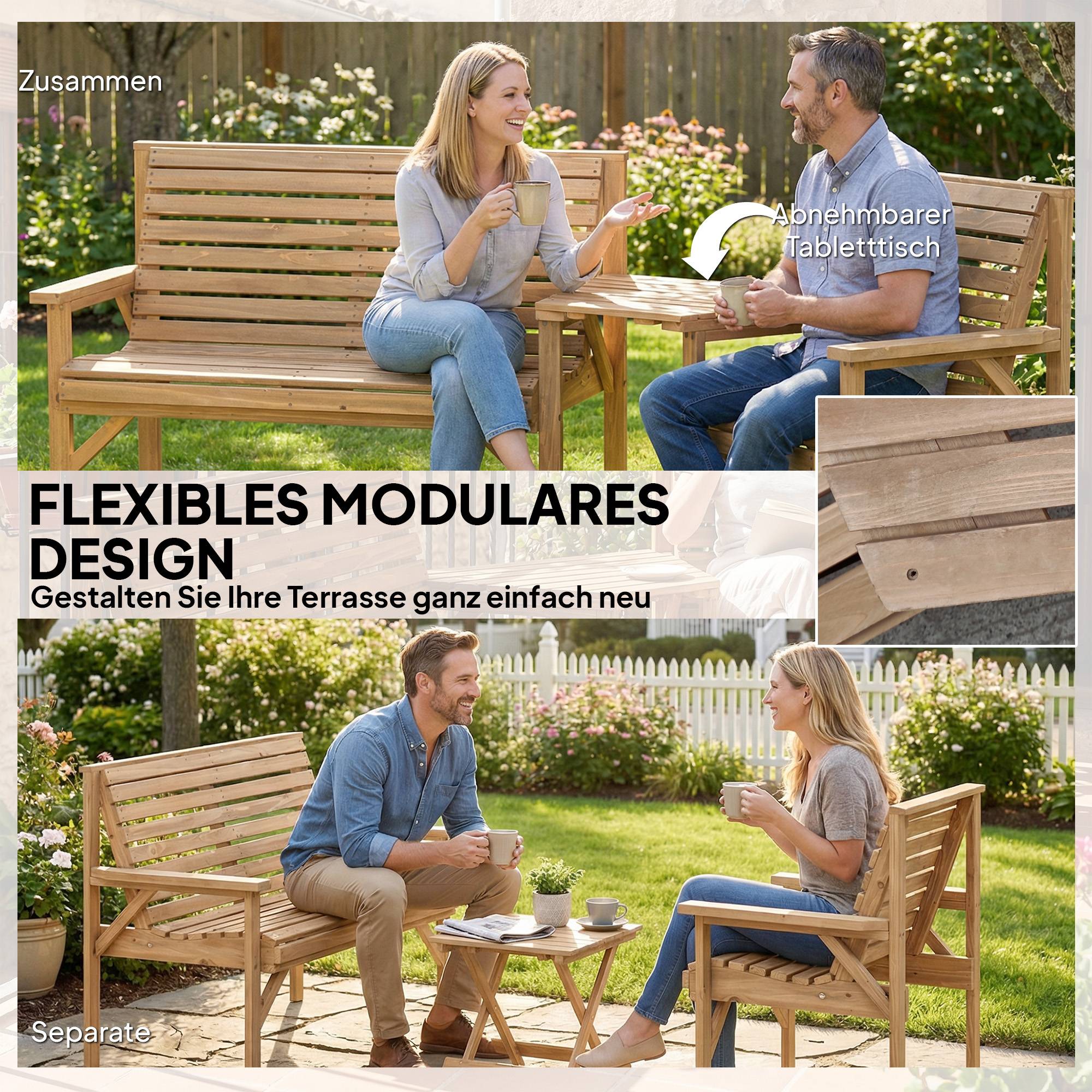 Ensemble de 3 chaises de jardin, mobilier de balcon avec trou pour parasol, chaise de jardin, banc, table amovible, 121 x 65 x 90 cm, bois naturel - Image 6
