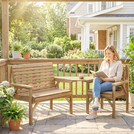 Ensemble de 3 chaises de jardin, mobilier de balcon avec trou pour parasol, chaise de jardin, banc, table amovible, 121 x 65 x 90 cm, bois naturel - Image 4