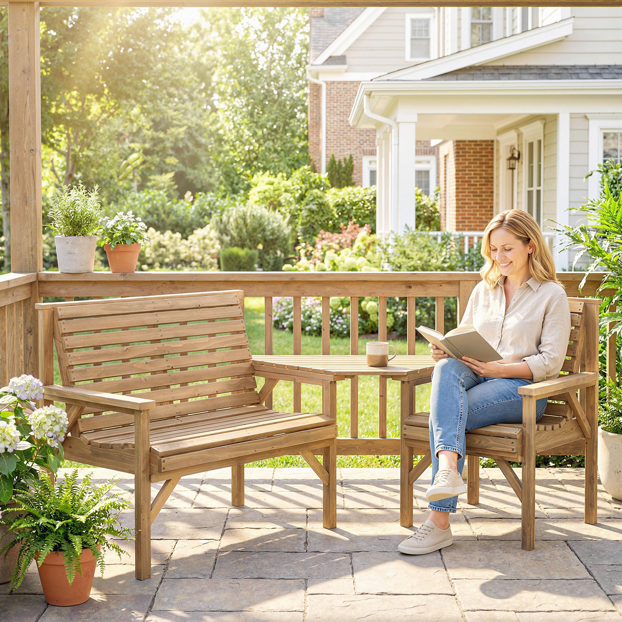 Ensemble de 3 chaises de jardin, mobilier de balcon avec trou pour parasol, chaise de jardin, banc, table amovible, 121 x 65 x 90 cm, bois naturel - Image 4