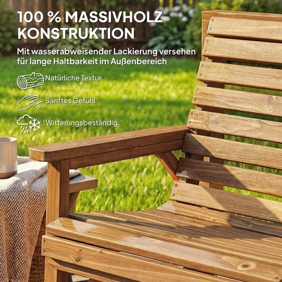 Ensemble de 3 chaises de jardin, mobilier de balcon avec trou pour parasol, chaise de jardin, banc, table amovible, 121 x 65 x 90 cm, bois naturel - Image 9