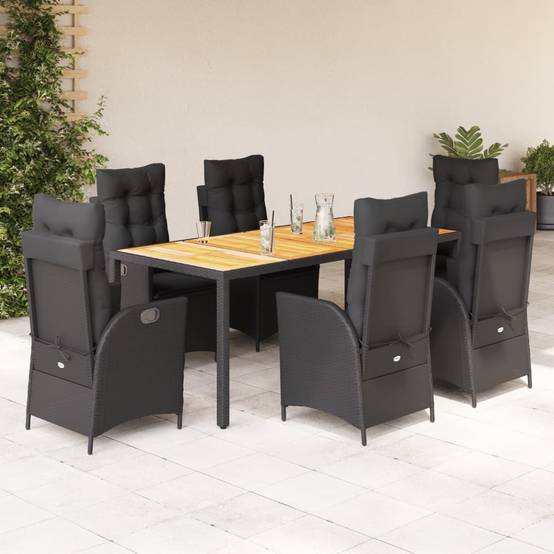 ComfortXL - Table et Chaises de Jardin 6 Personnes, Plateau en Acacia 190cm, Fauteuils Inclinables Résine Tressée Noire – ComfortXL Outdoor Living - Image 1
