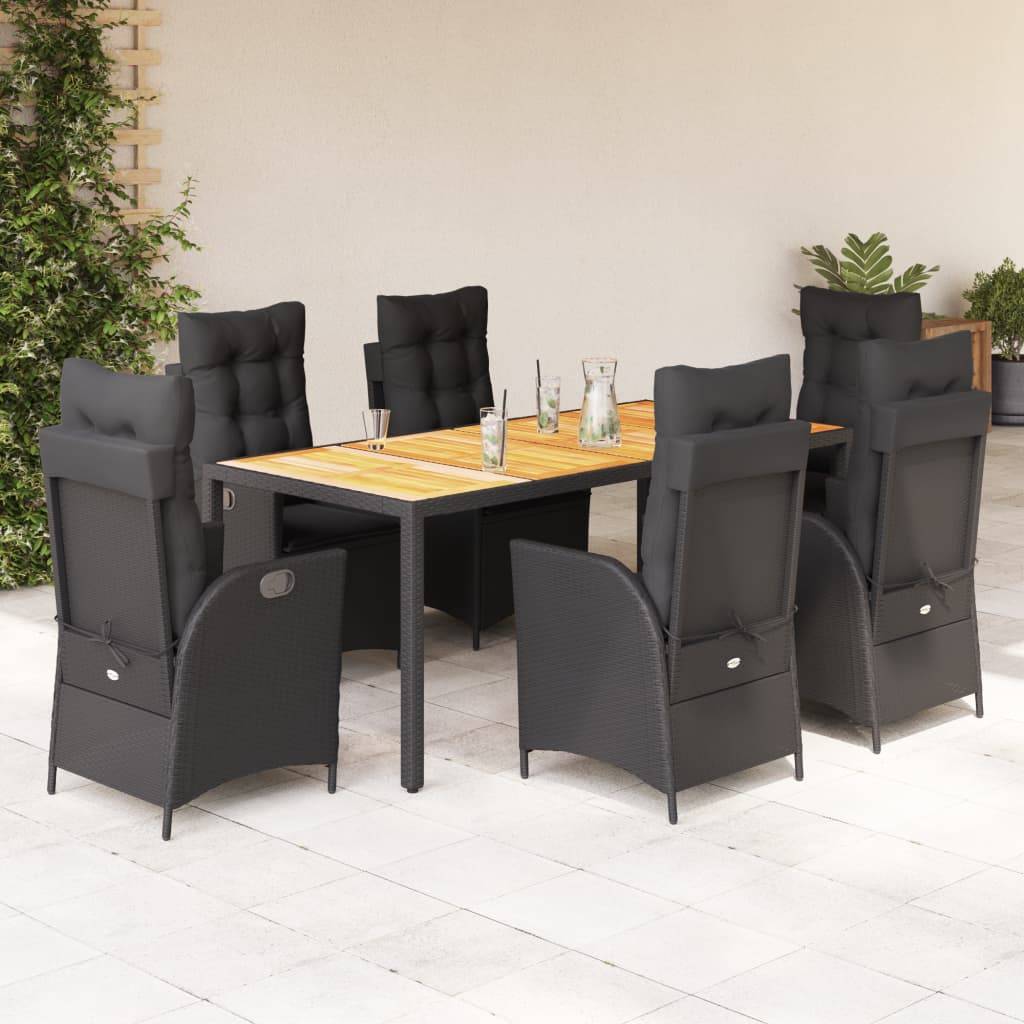 ComfortXL - Table et Chaises de Jardin 6 Personnes, Plateau en Acacia 190cm, Fauteuils Inclinables Résine Tressée Noire – ComfortXL Outdoor Living - Image 1