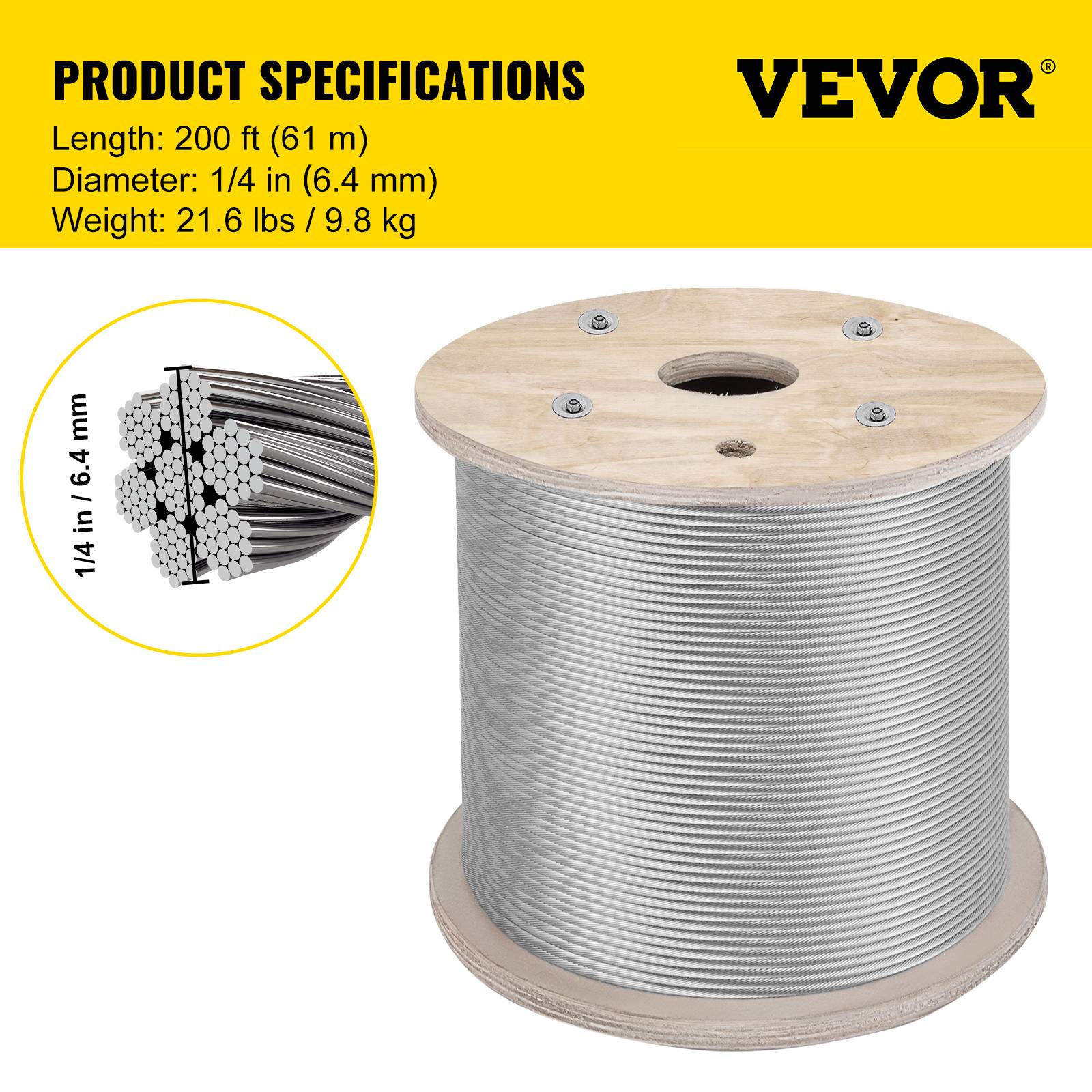 Vevor - Câble acier inoxydable VEVOR 6,4 mm x 61 m, tressage 7x19, qualité marine, résistance 2900 kg, pour garde-corps, balustrade, suspensions et clôtures. - Image 6