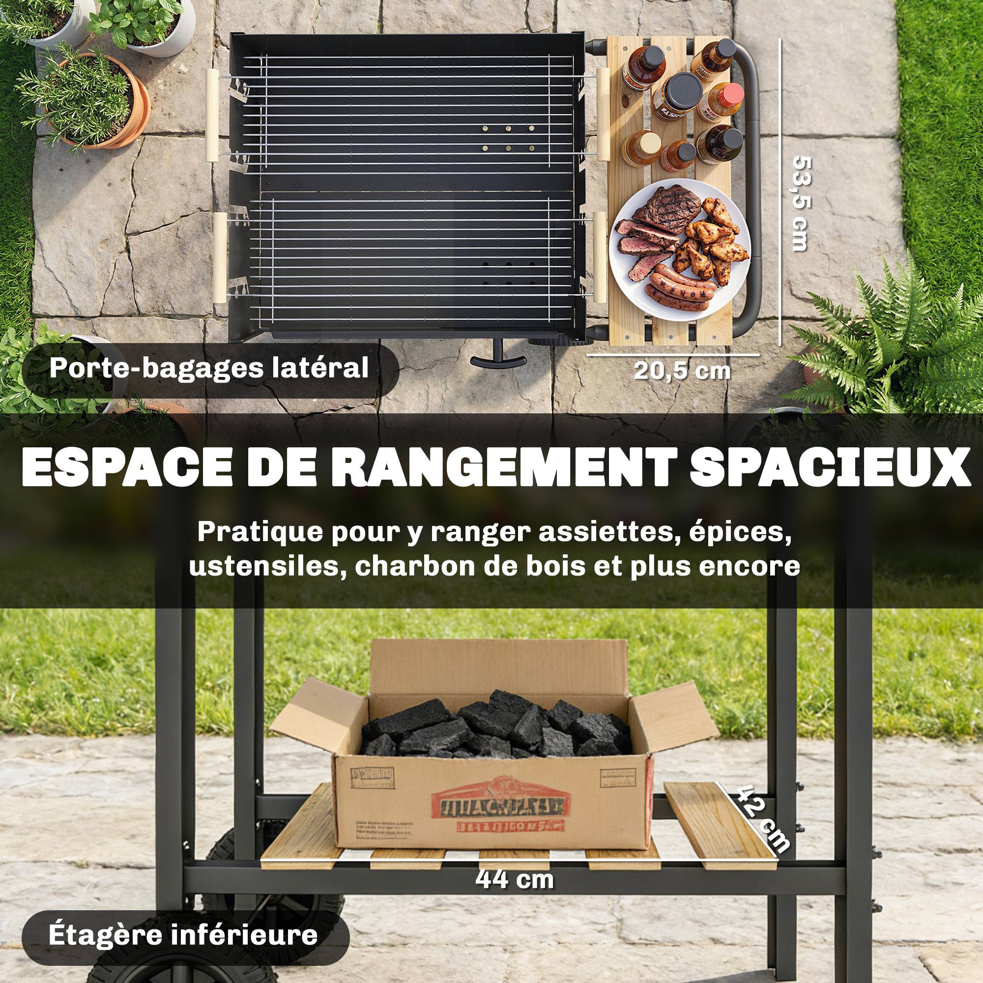 Chariot à barbecue de bois avec 2 grilles réglables, barbecue au charbon de bois sur roulettes, tablette latérale, noir - Image 8