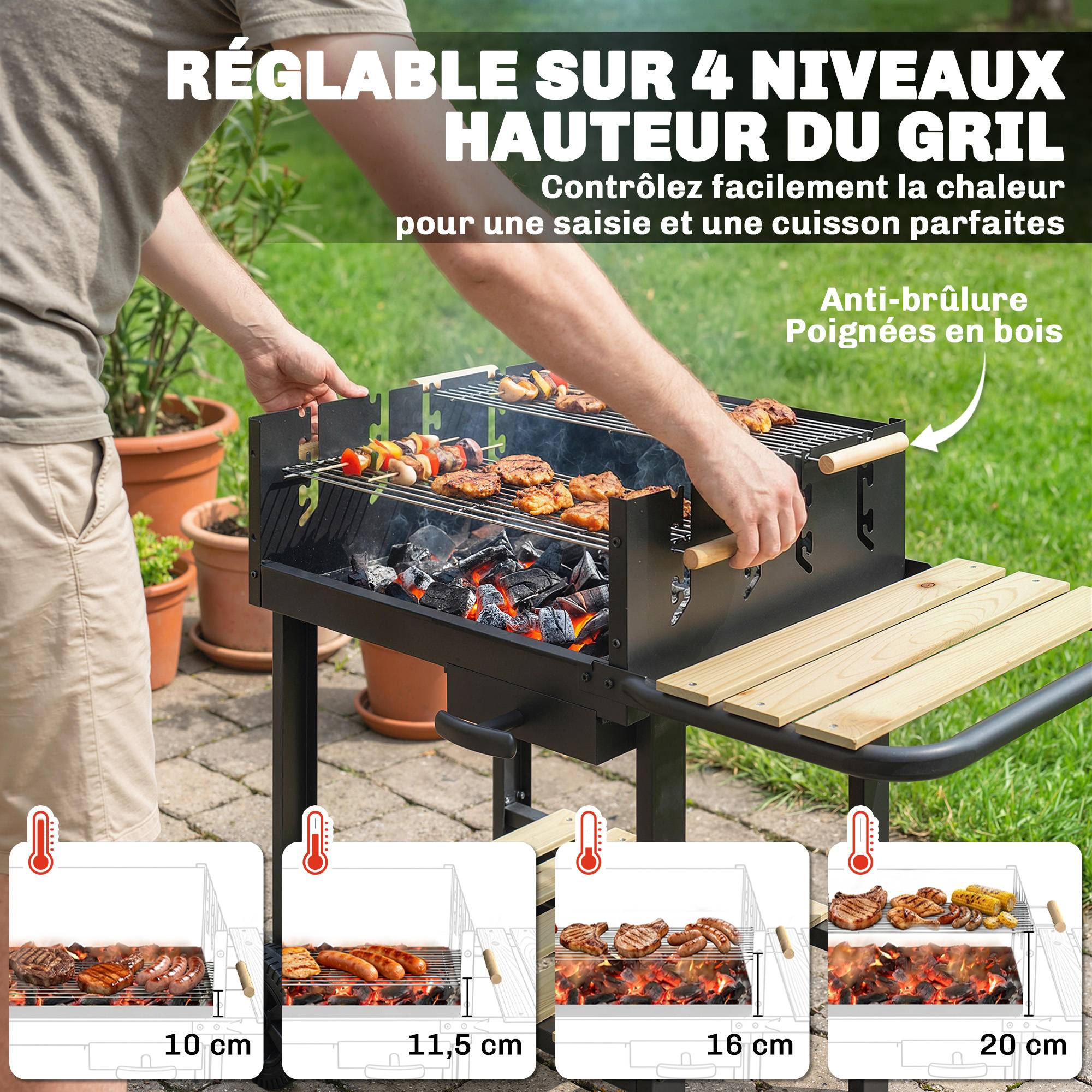 Chariot à barbecue de bois avec 2 grilles réglables, barbecue au charbon de bois sur roulettes, tablette latérale, noir - Image 7
